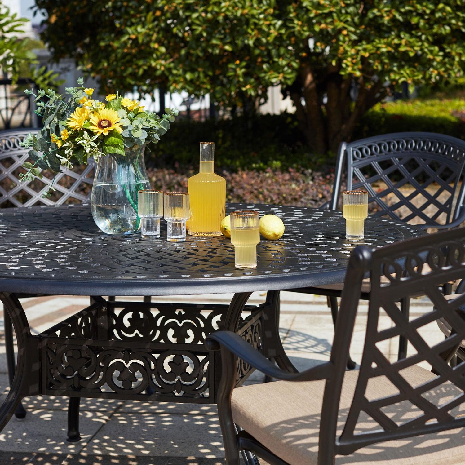 Darlee 201030-7PC-60D Sedona 7 Piece Cast Aluminum Patio Dining Set W/ 60 Inch Round Table & Beige Canvas Cushions - Lifestyle thumbnail