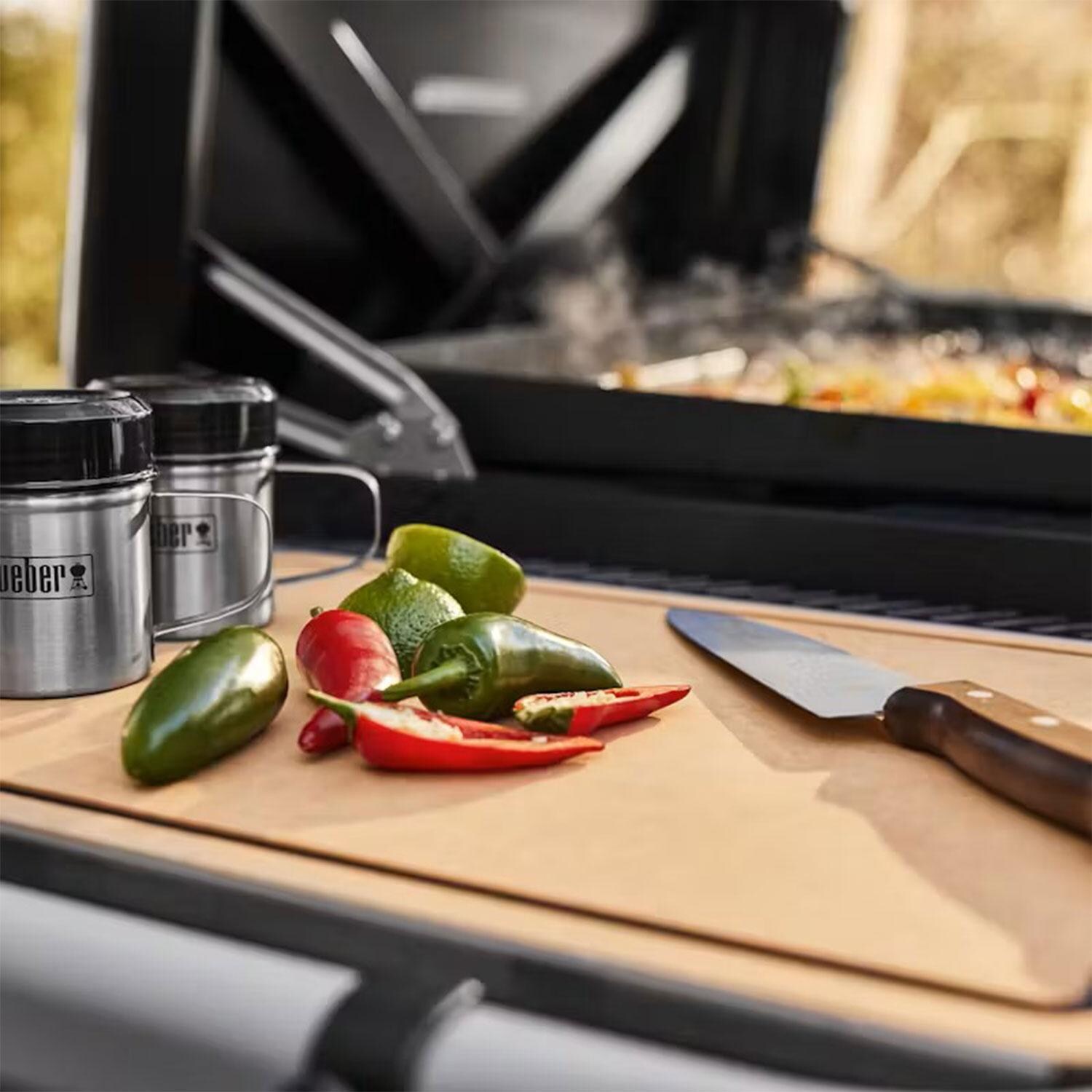 Weber 1500216 Slate 36 Inch Rust-Resistant Propane Griddle - Peppers on Weber Works Cutting Board - Lifestyle thumbnail