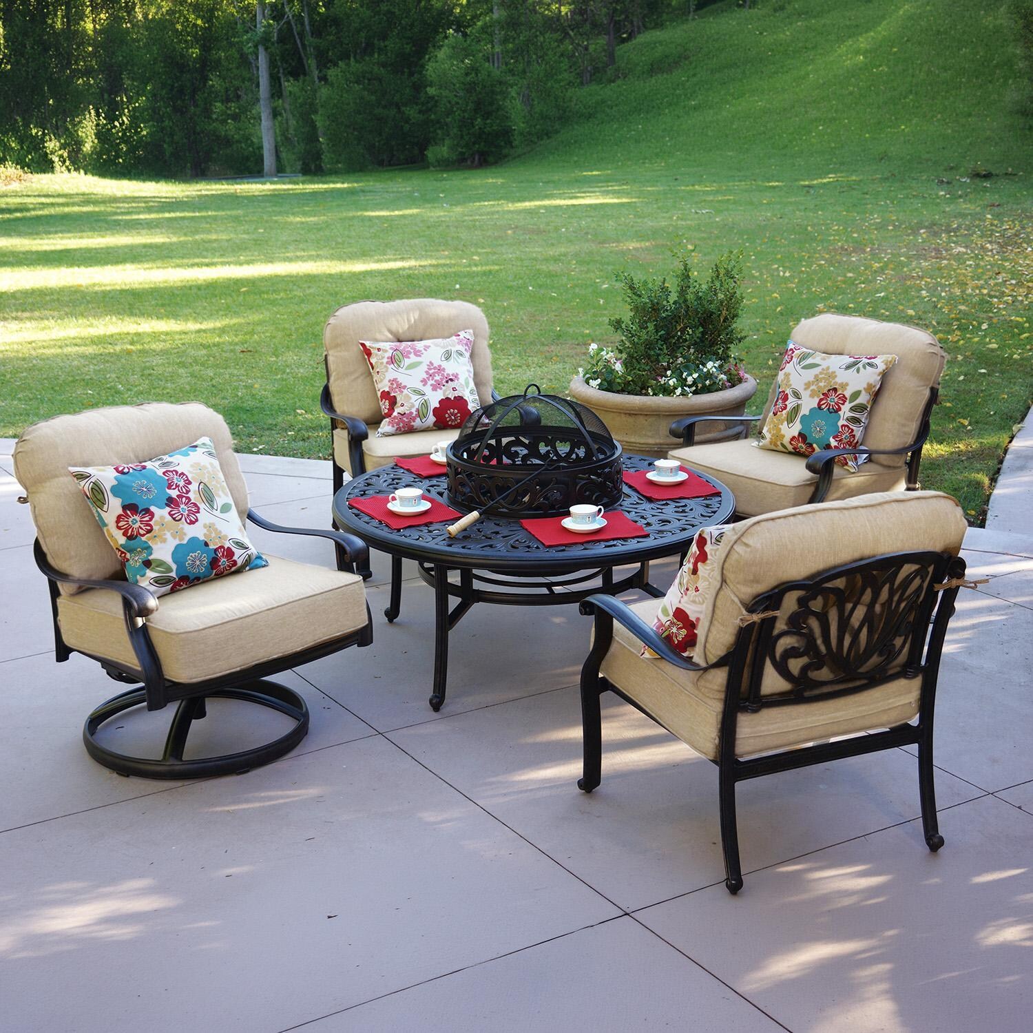 Elisabeth 5 Pc Cast Aluminum Fire Pit Seating Set w/ 52 Inch Series 80 Table w/ Ice Bucket Insert & Swivel Rockers in Antique Bronze/Beige Canvas by Darlee
