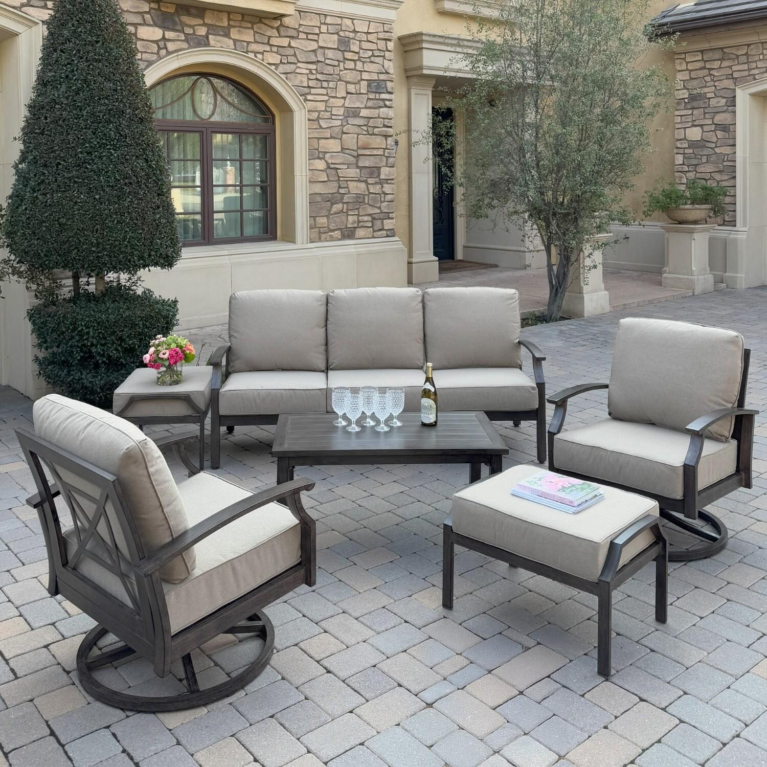 Atlantis 4 Pc Aluminum Seating Set w/ Sofa, 2 Swivel Rocker Club Chairs & 2 Ottomans in Walnut/Beige by Darlee - Hero - Lifestyle thumbnail