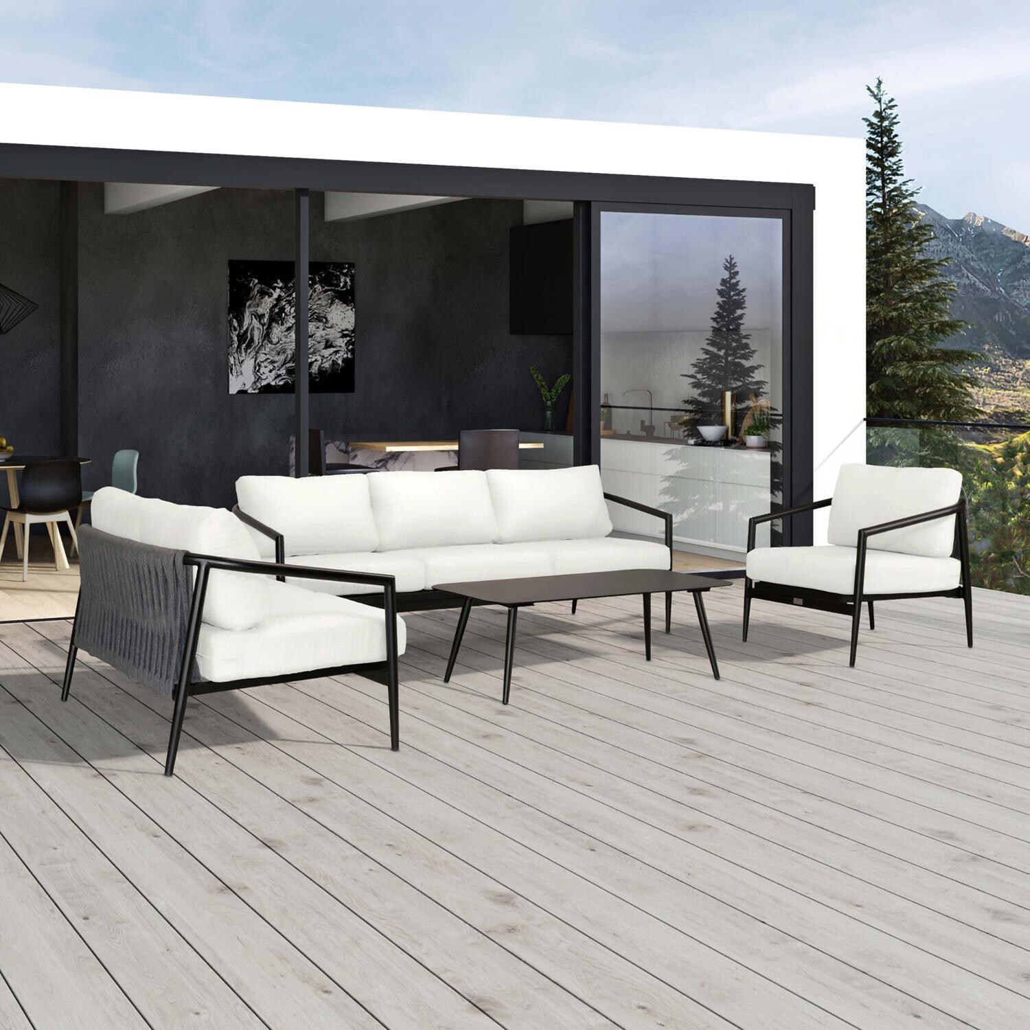 Lakeview Midnight Cove 4 Pc Aluminum Sofa Loveseat Seating Set in Black/Carbon/Canvas Natural - Detail - Lifestyle thumbnail