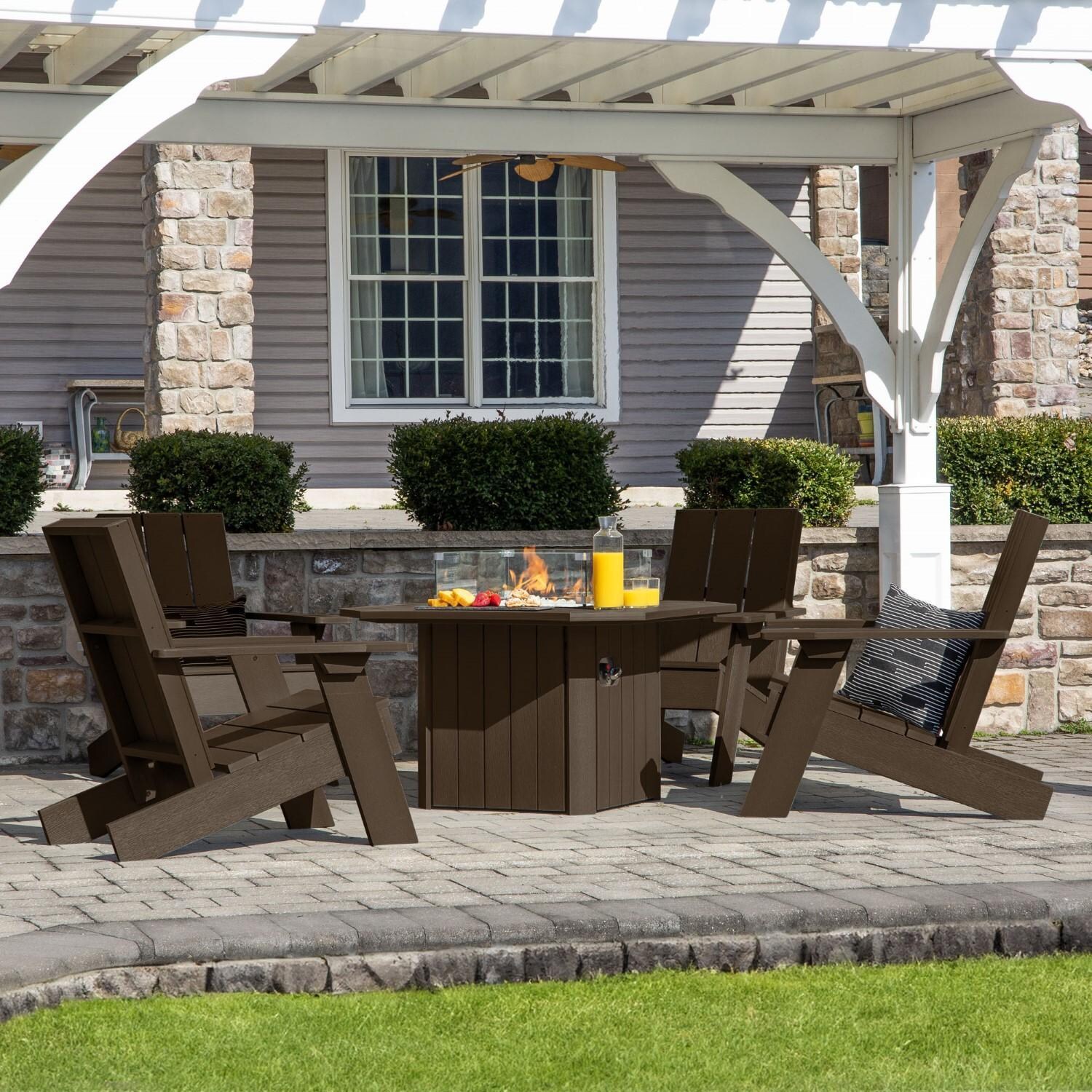 Harborview 5 Pc Adirondack Set W/ Fire Pit Table in Weathered Acorn by Lakeview Outdoor Designs - Side View - Lifestyle thumbnail