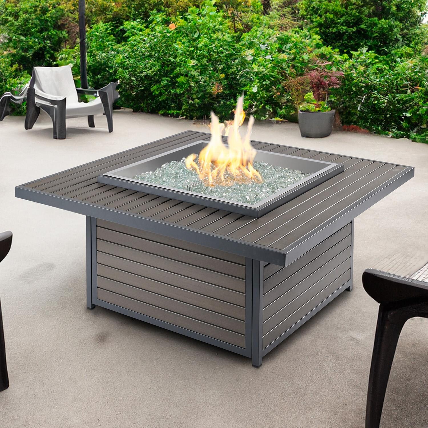 Revere 40-in Square Natural Gas Fire Pit Table in Taupe by Lakeview Outdoor Designs (Ships Propane w/ Conversion Kit) - On Patio - Lifestyle thumbnail