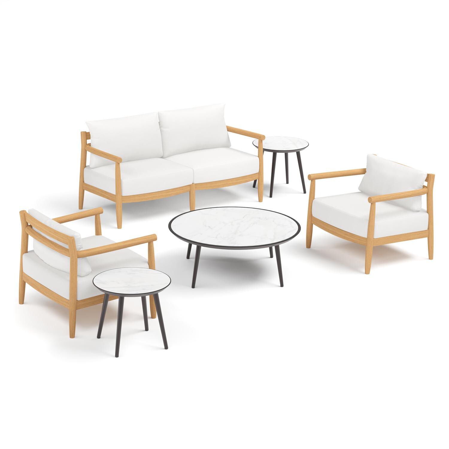 Oxford Garden Lido 6 Pc Teak Seating Set W/ Bianco Ceramic Table Tops in Natural/Bliss Linen - Front View thumbnail