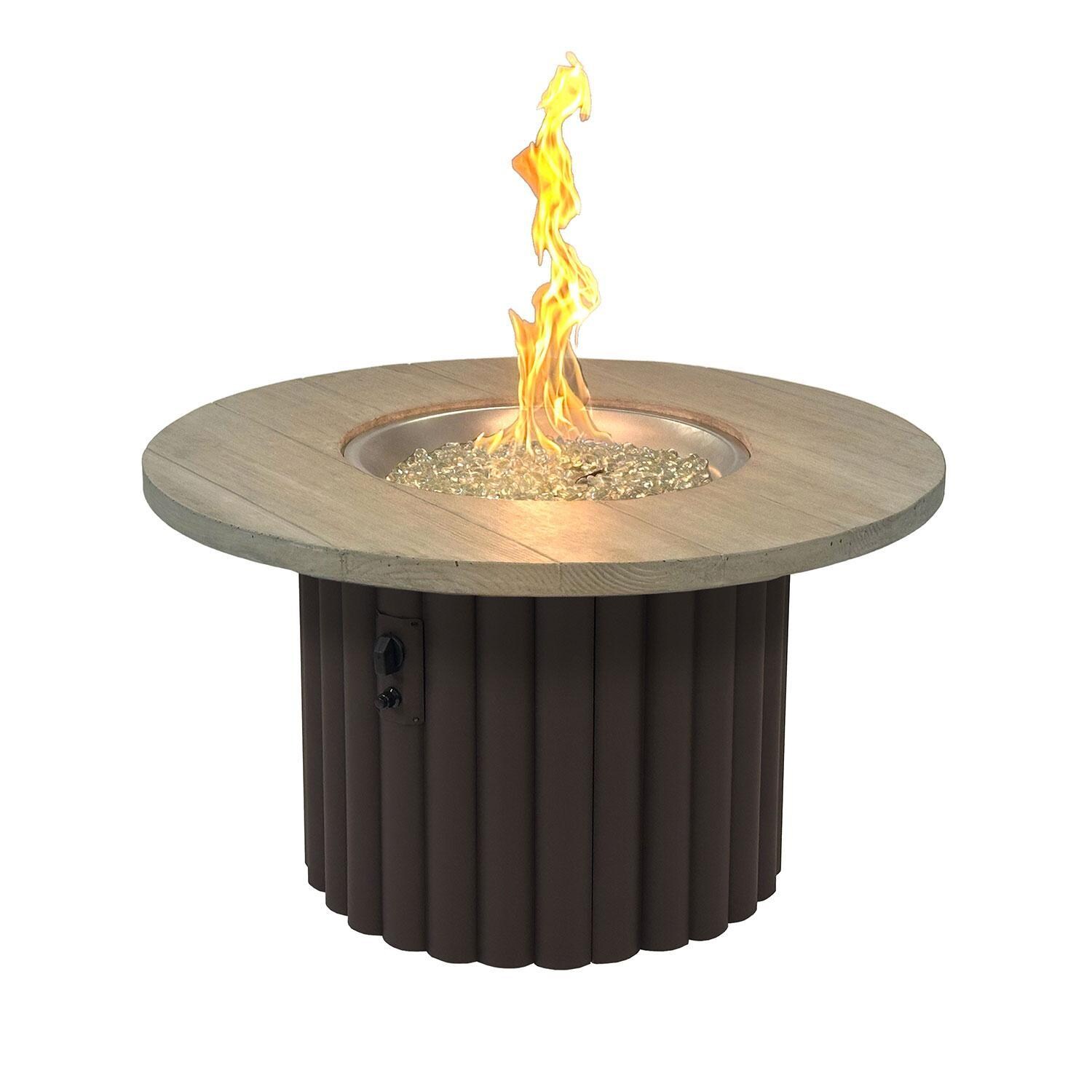 Reverie REVSBR-42-K-NG 42-in Round Aluminum Natural Gas Fire Pit Table w/ Smokey Oak Supercast Top & Brown Base (Ships Propane w/ Conversion Kit) - Flame On - White Background thumbnail