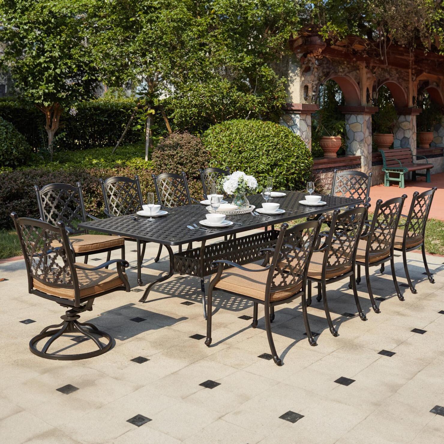 Madison 11 Pc Cast Aluminum Dining Set w/ 92 X 42 Inch Series 30 Extension Table & 2 Swivel Rockers in Antique Bronze/Sesame by Darlee