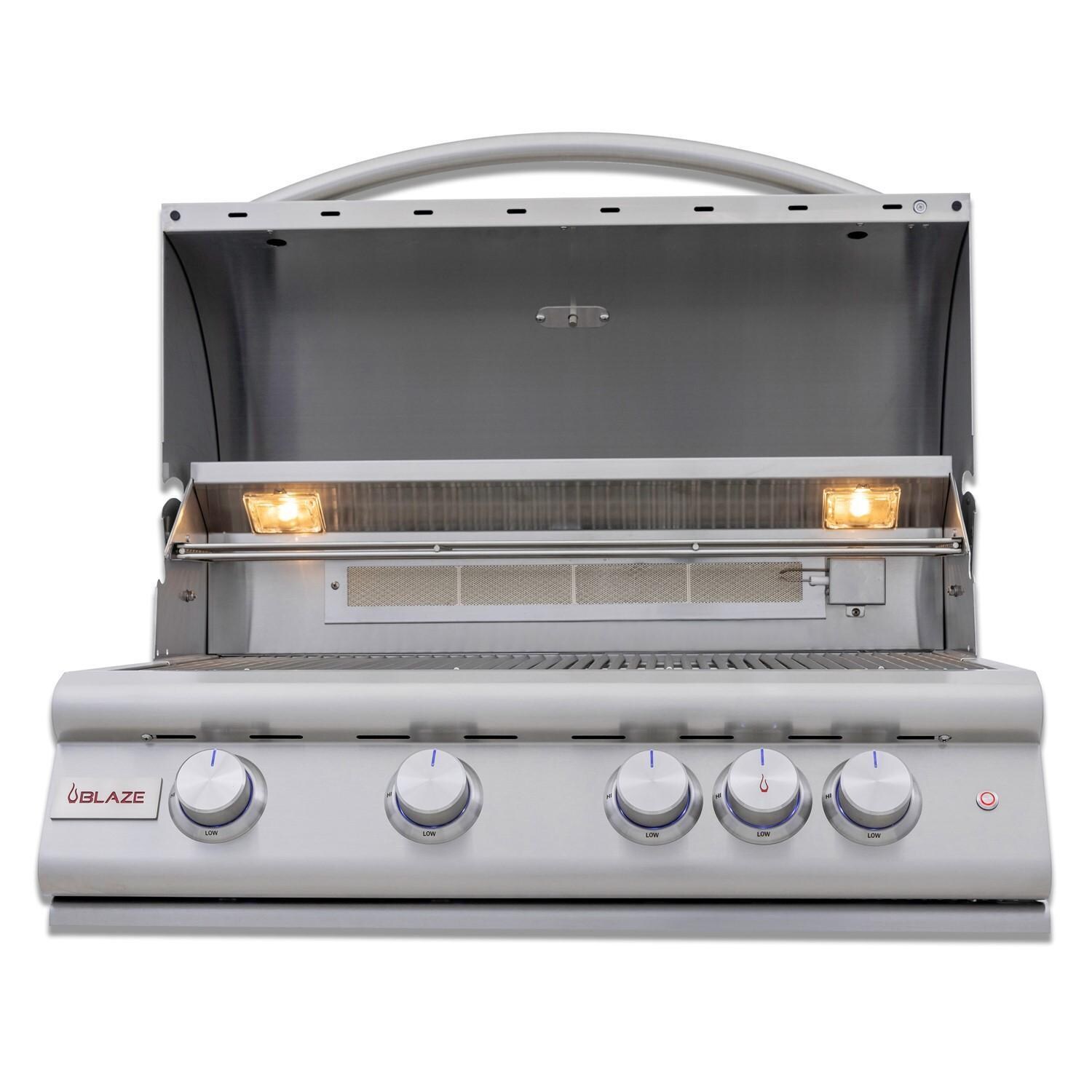 Blaze BLZ-4LTE3-LP LTE+ 32-in 4-Burner Built-In Propane Grill w/ Rear Infrared Burner & Lift-Assist Hood - Front View - Open - White Background thumbnail