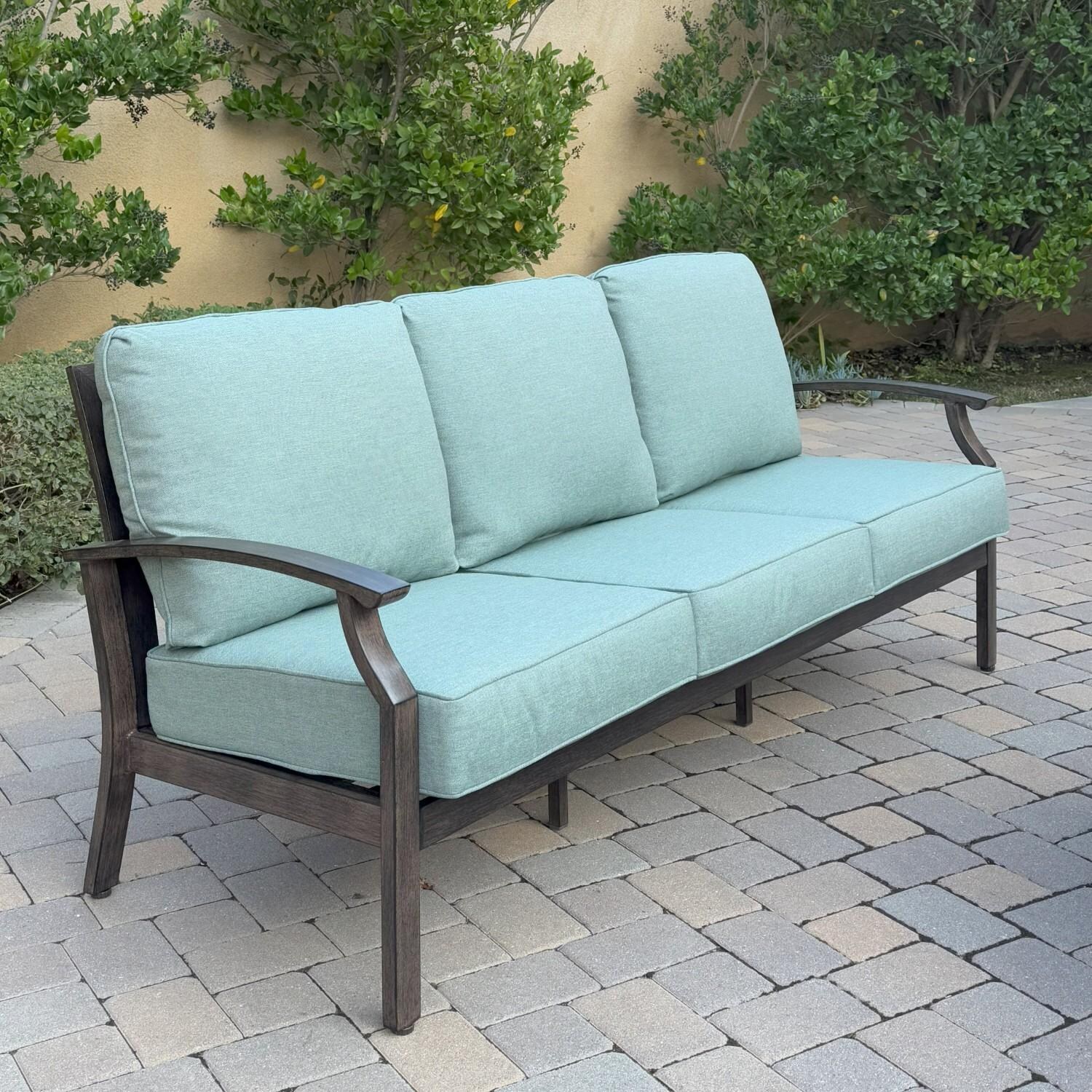 Atlantis 6 Pc Aluminum Seating Set w/ Sofa, 2 Swivel Rocker Club Chairs & 2 Ottomans in Walnut/Spa by Darlee - Sofa Angled - Lifestyle thumbnail
