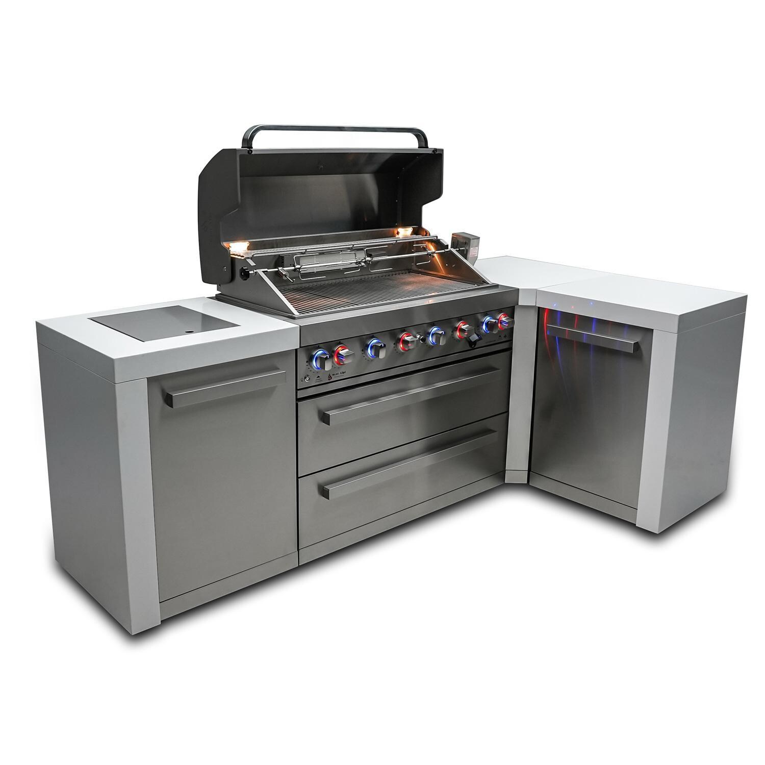 Mont Alpi MAi805-D90C Deluxe 90 Degree Natural Gas Island Grill W/ Infrared Side Burner & Rotisserie Kit - Angled Right - Grill Open - White Background thumbnail