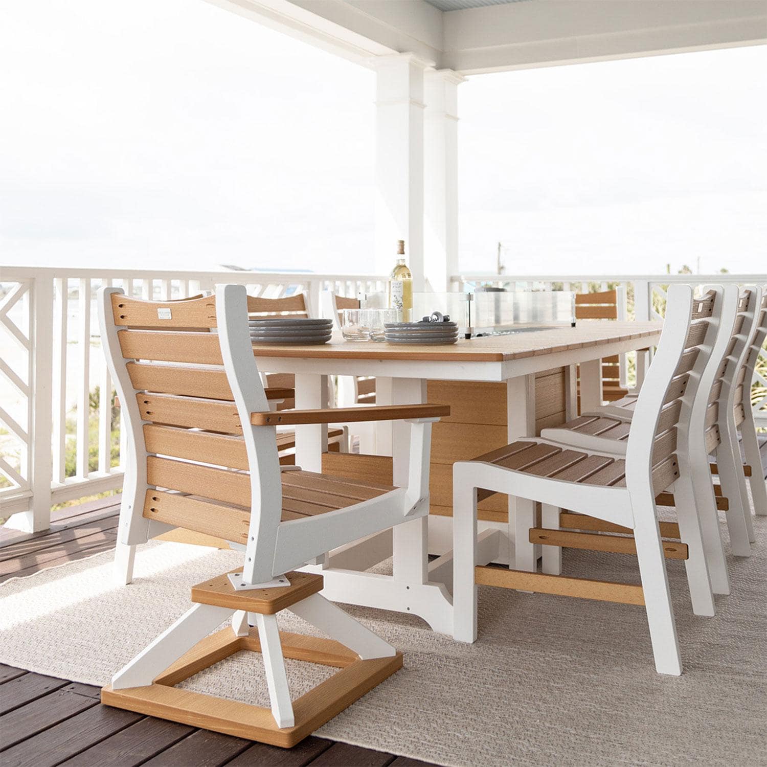 Garden Classic 9 Pc Recycled Plastic Fire Pit Dining Set in Teak/White by Berlin Gardens