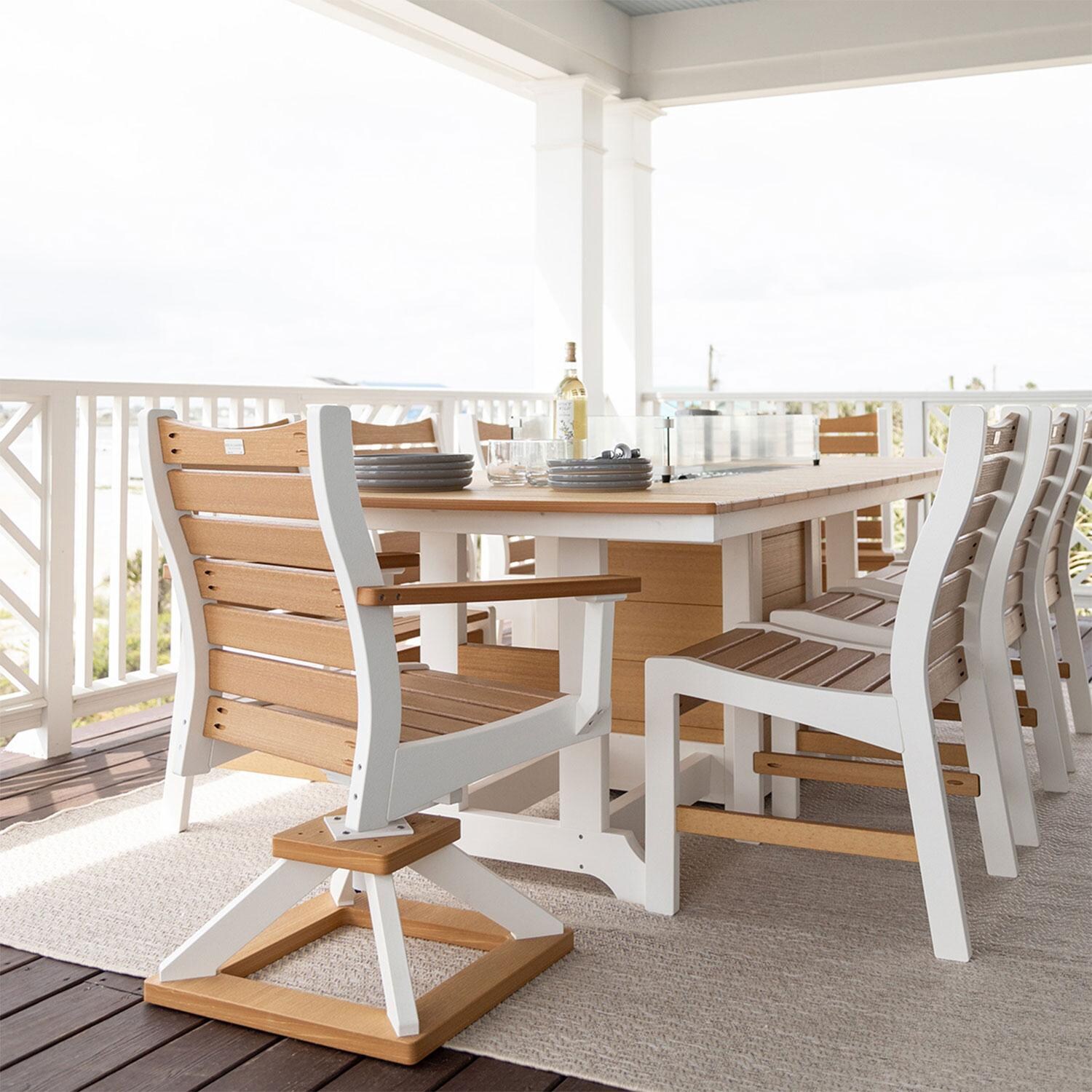 Berlin Gardens Garden Classic Regular Natural Teak Top w/ White Base 96 Inch Fire Pit Dining Set - Lifestyle thumbnail