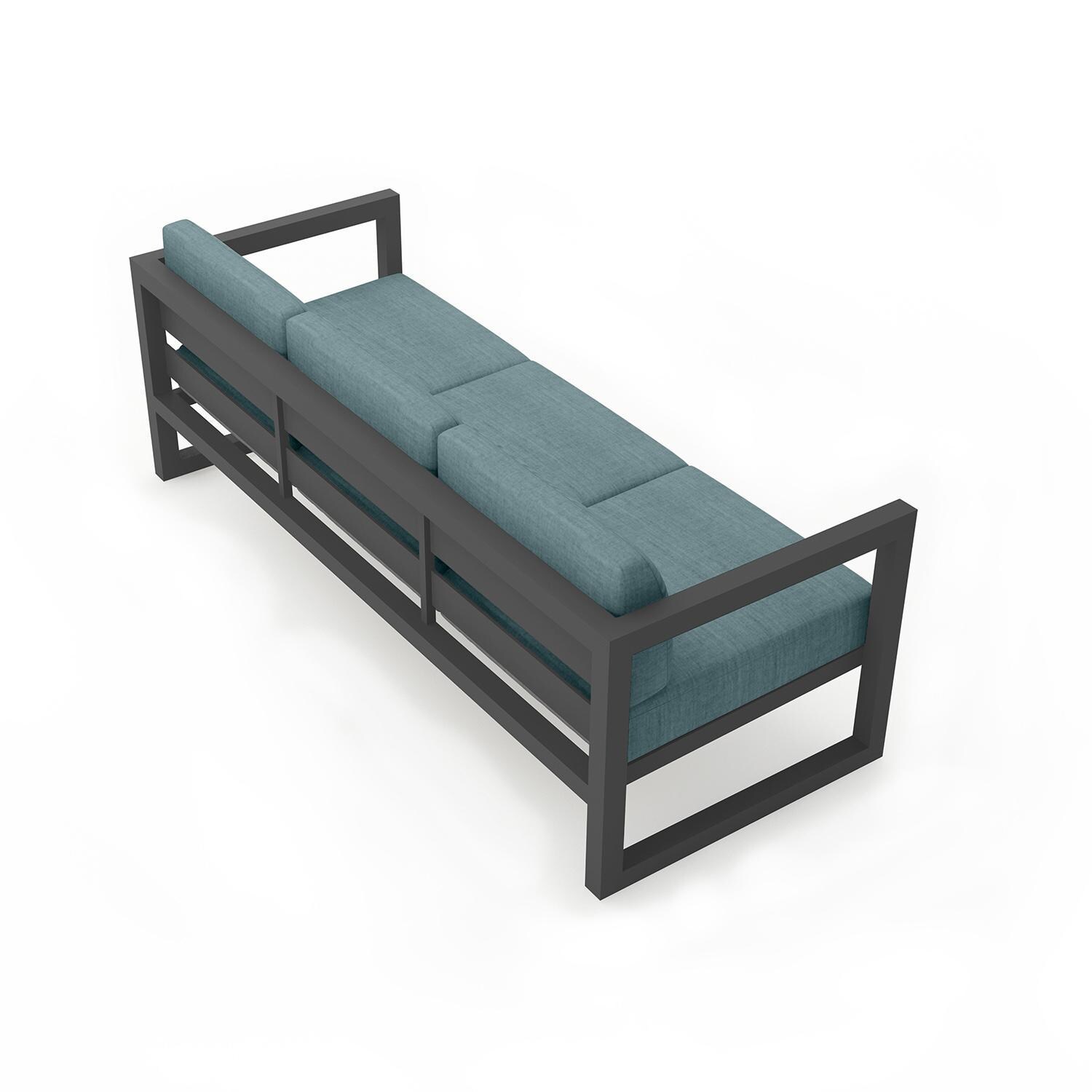 Misty Cove 3 Person Sofa in Slate w/Cast Lagoon Cushions by Lakeview - Back Angle View - White Background thumbnail