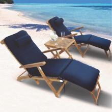 Steamer 3 Piece Teak Patio Chaise Lounge Set W/ Side Table And Sunbrella Canvas Navy Cushions By Royal Teak Collection