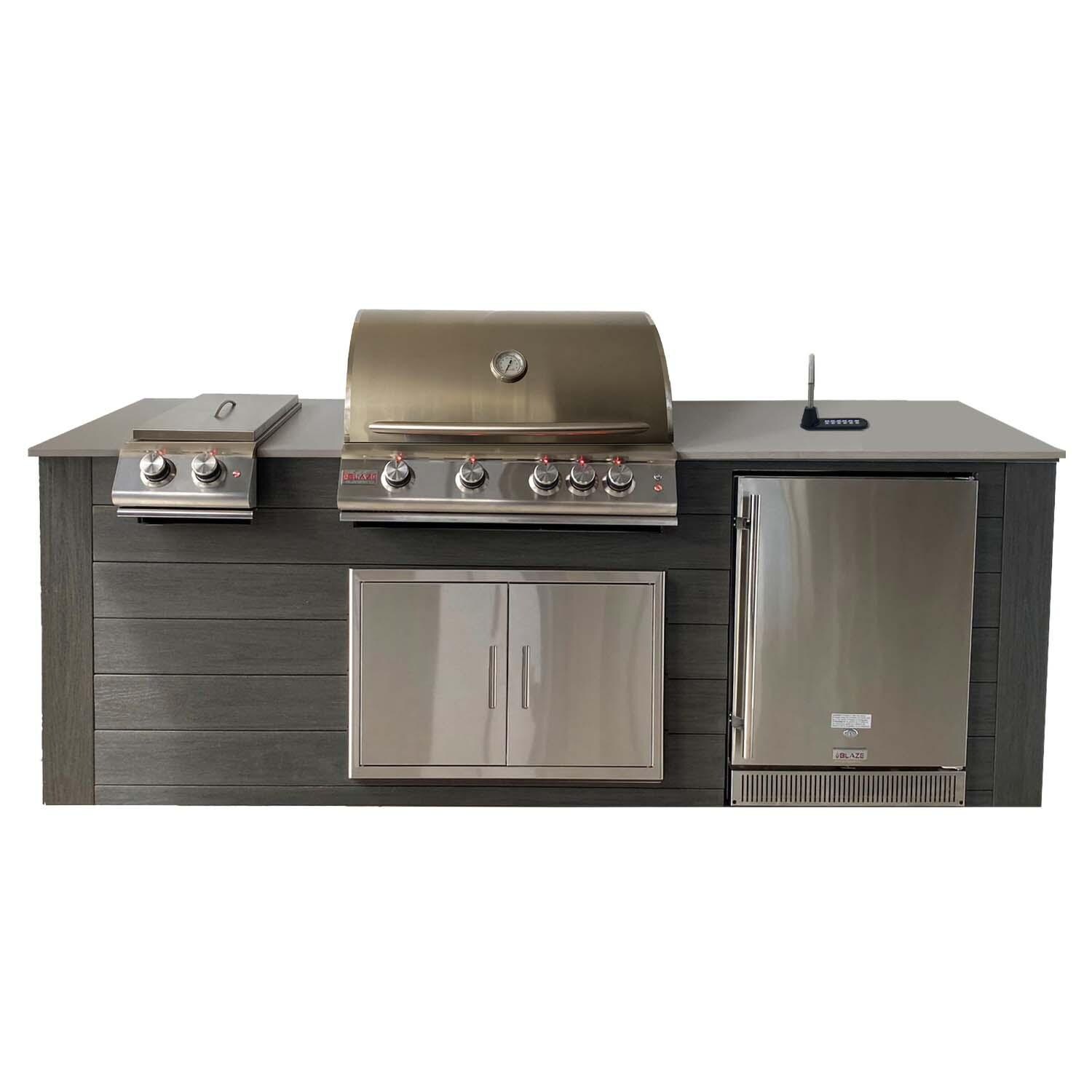 Pro-Fit 8-Foot Outdoor Kitchen Island W/ Blaze LTE 32-Inch Natural Gas Grill, Double Side Burner, Refrigerator & Beverage Dispenser - Onyx / Grigio Cemento Satin