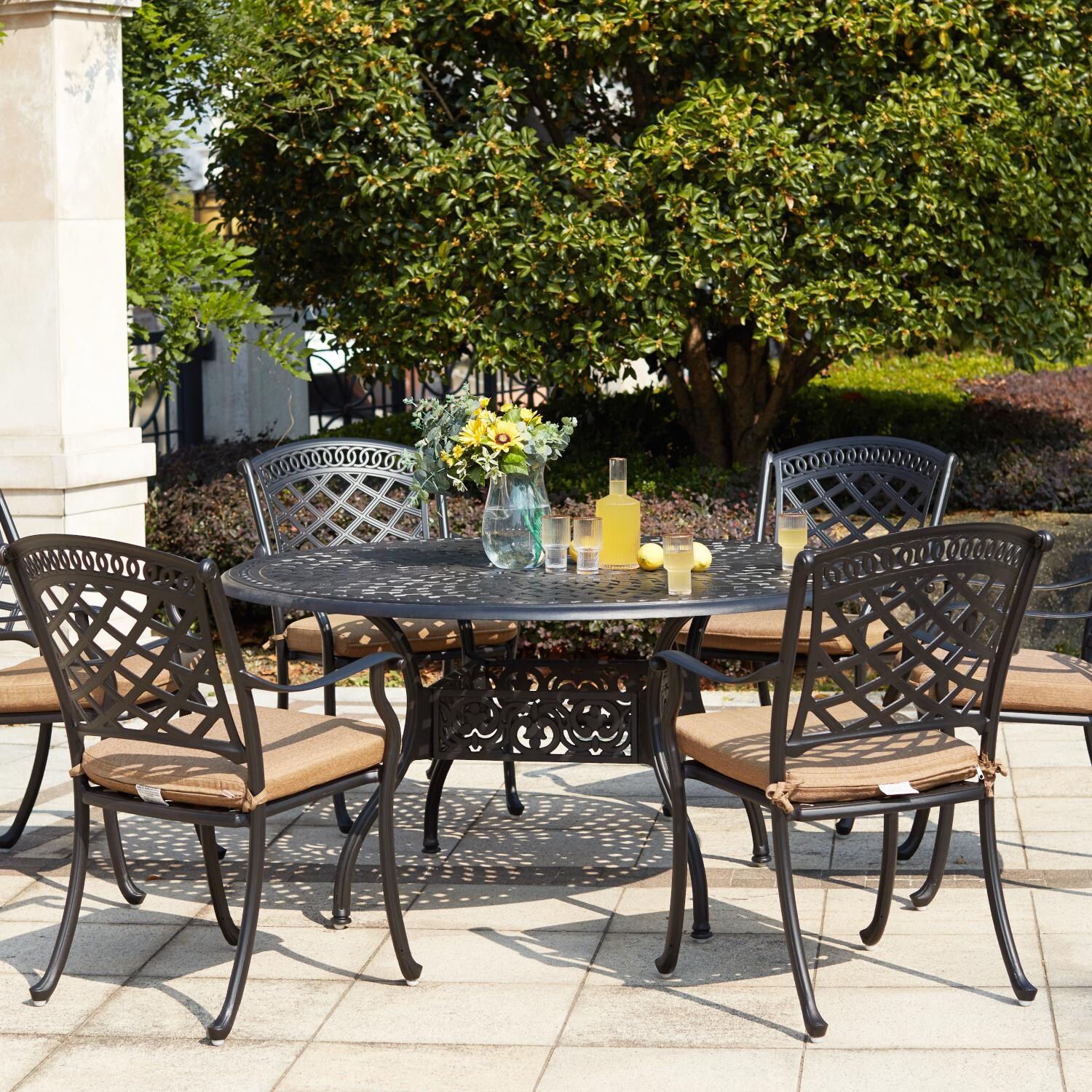 Darlee 201030-7PC-60D Sedona 7 Piece Cast Aluminum Patio Dining Set W/ 60 Inch Round Table & Sesame Cushions  thumbnail
