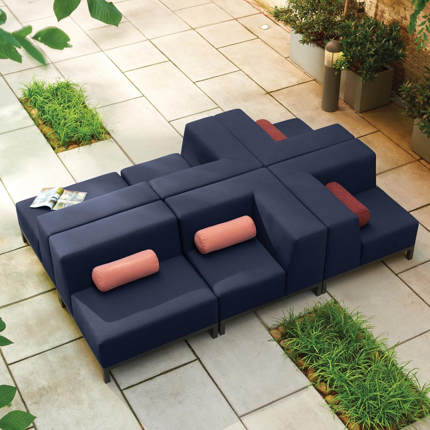 Oxford Garden Koral Modular Corner Aluminum Club Chair W/ Spectrum Indigo Sunbrella Cushions in Carbon - From Above thumbnail