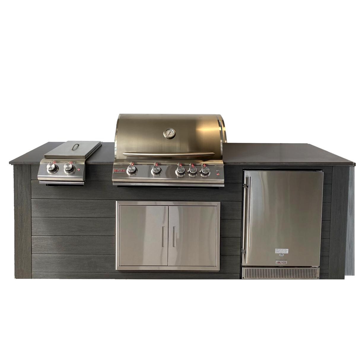 Pro-Fit 8-Foot Outdoor Kitchen Island W/ Blaze LTE 32-Inch Natural Gas Grill, Double Side Burner & Refrigerator - Onyx / Grigio Piombo Satin