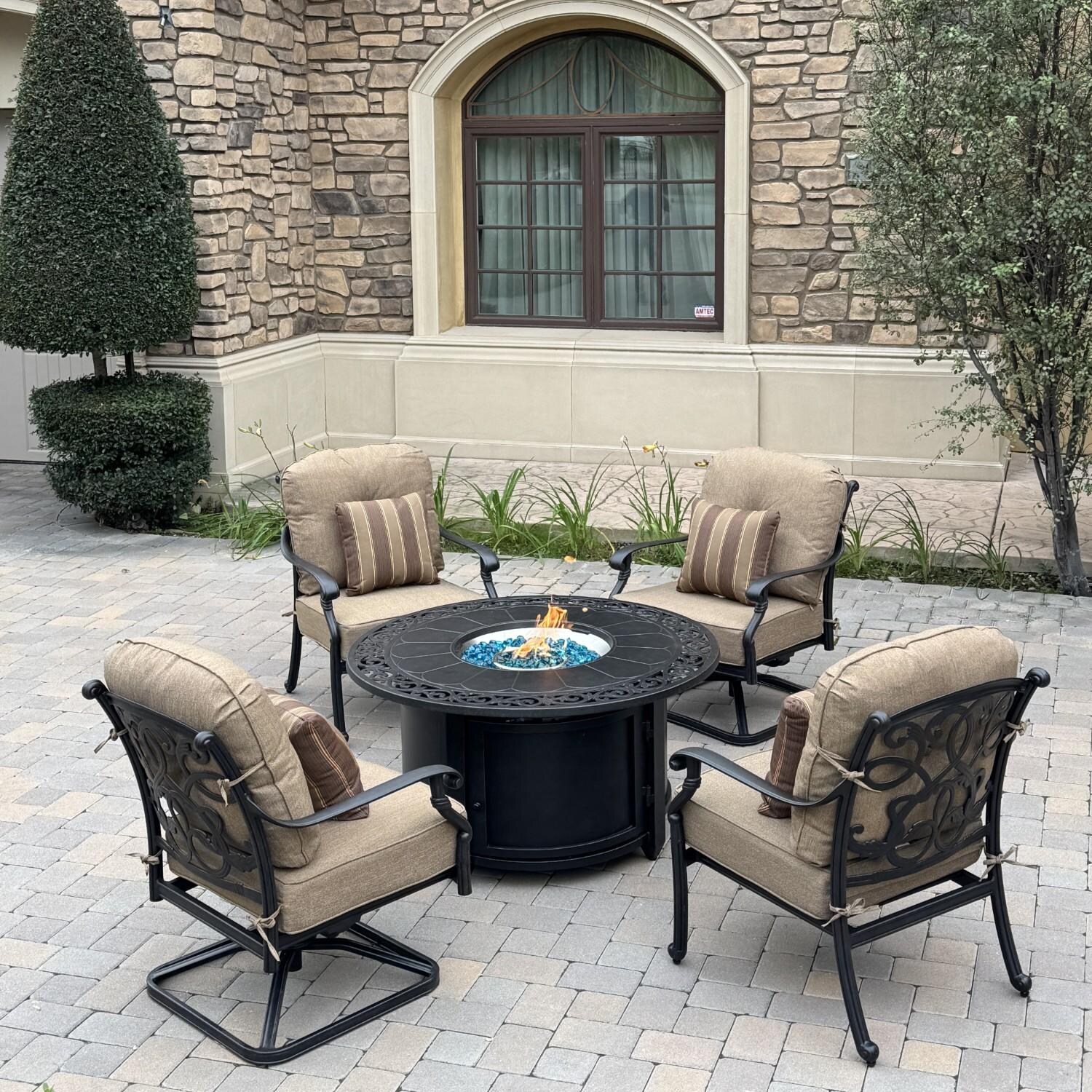 Santa Monica 5 Pc Cast Aluminum Fire Pit Seating Set in Antique Bronze/Sesame by Darlee