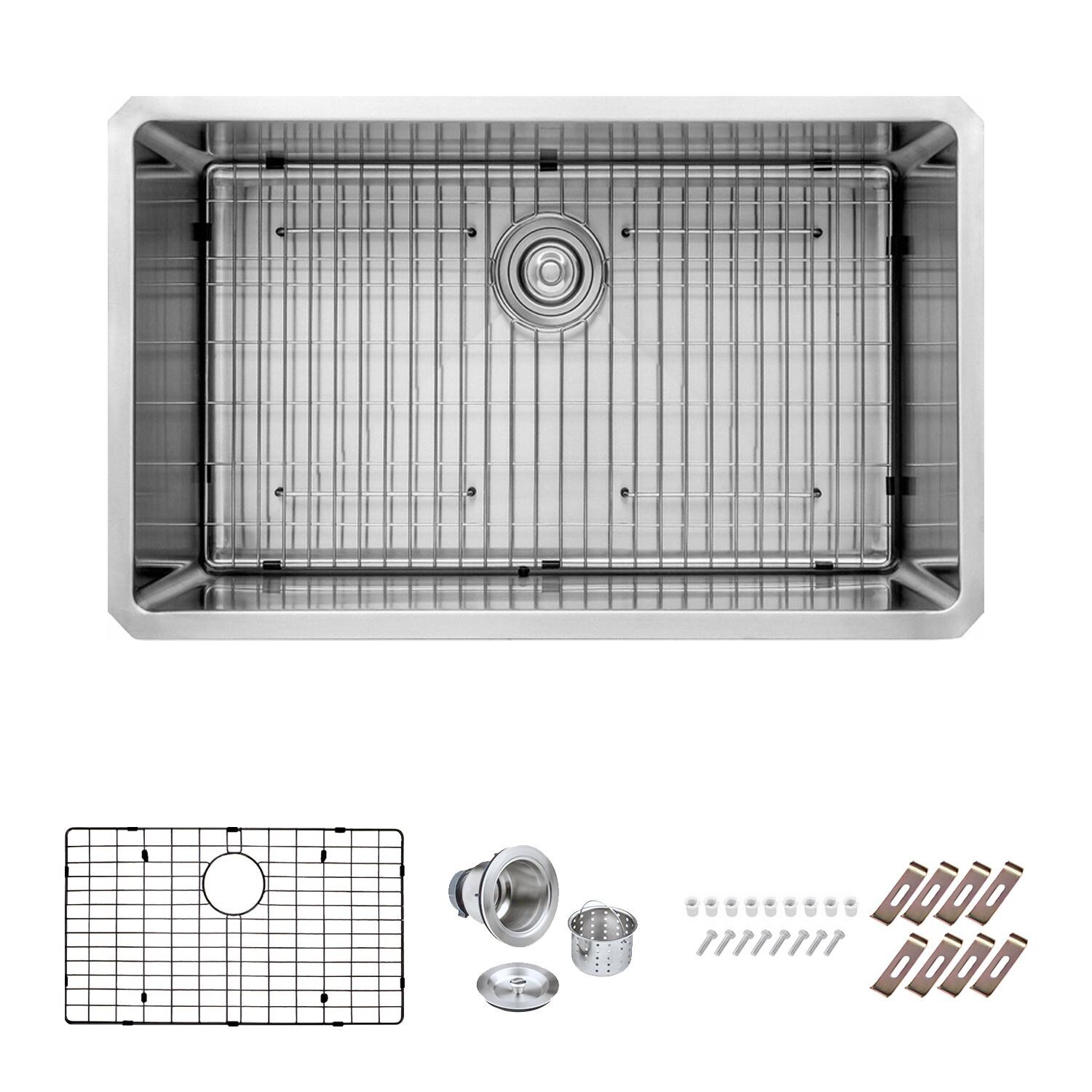 BBQGuys Signature Undermount Stainless Steel 33-Inch Single Bowl Kitchen Sink W/ Grid & Strainer Drain - BBQ-3319SNK-SS