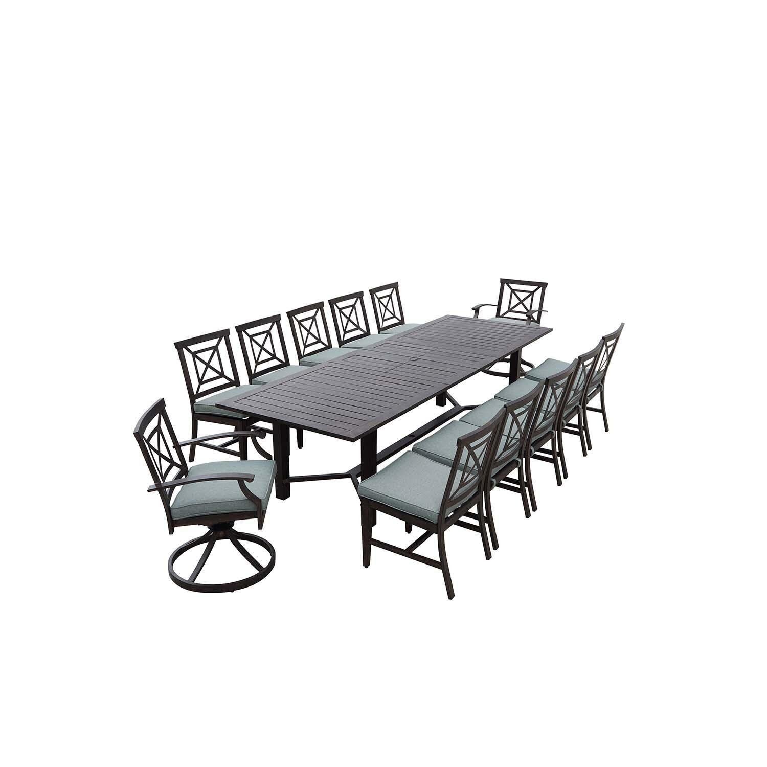 Atlantis 13 Pc Aluminum Dining Set w/ 118 Inch Table, Swivel Rockers, and Spa Cushions in Walnut By Darlee - Set - White Background thumbnail