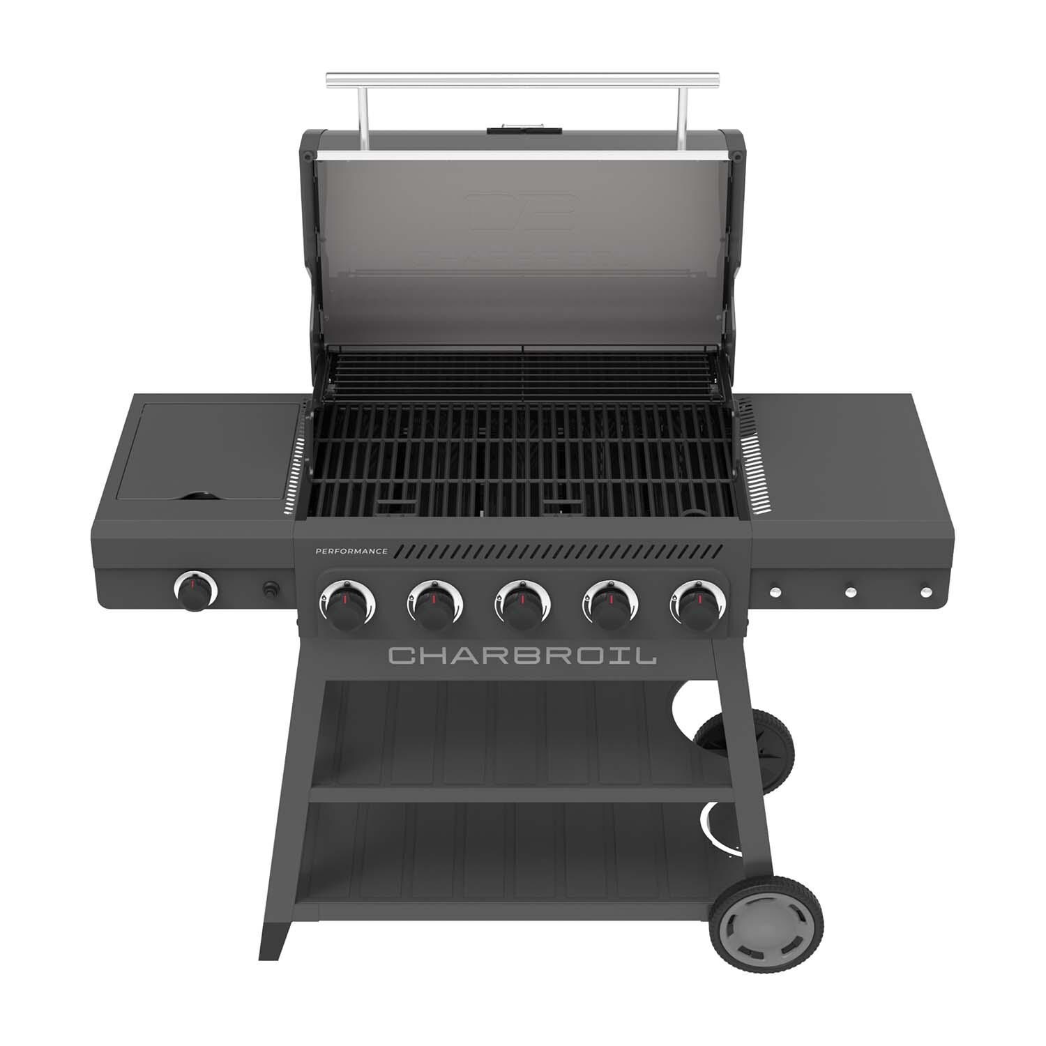 Charbroil 463463425 5-Burner Propane Grill Cart - Grey & Stainless - Lid Open - White Background thumbnail