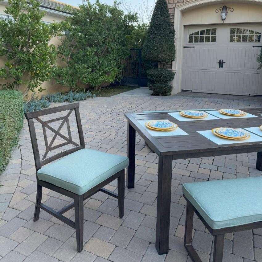 Atlantis Aluminum Dining Side Chair Set of 2 w/ Spa Cushions in Walnut By Darlee - Chair at Table - Lifestyle thumbnail