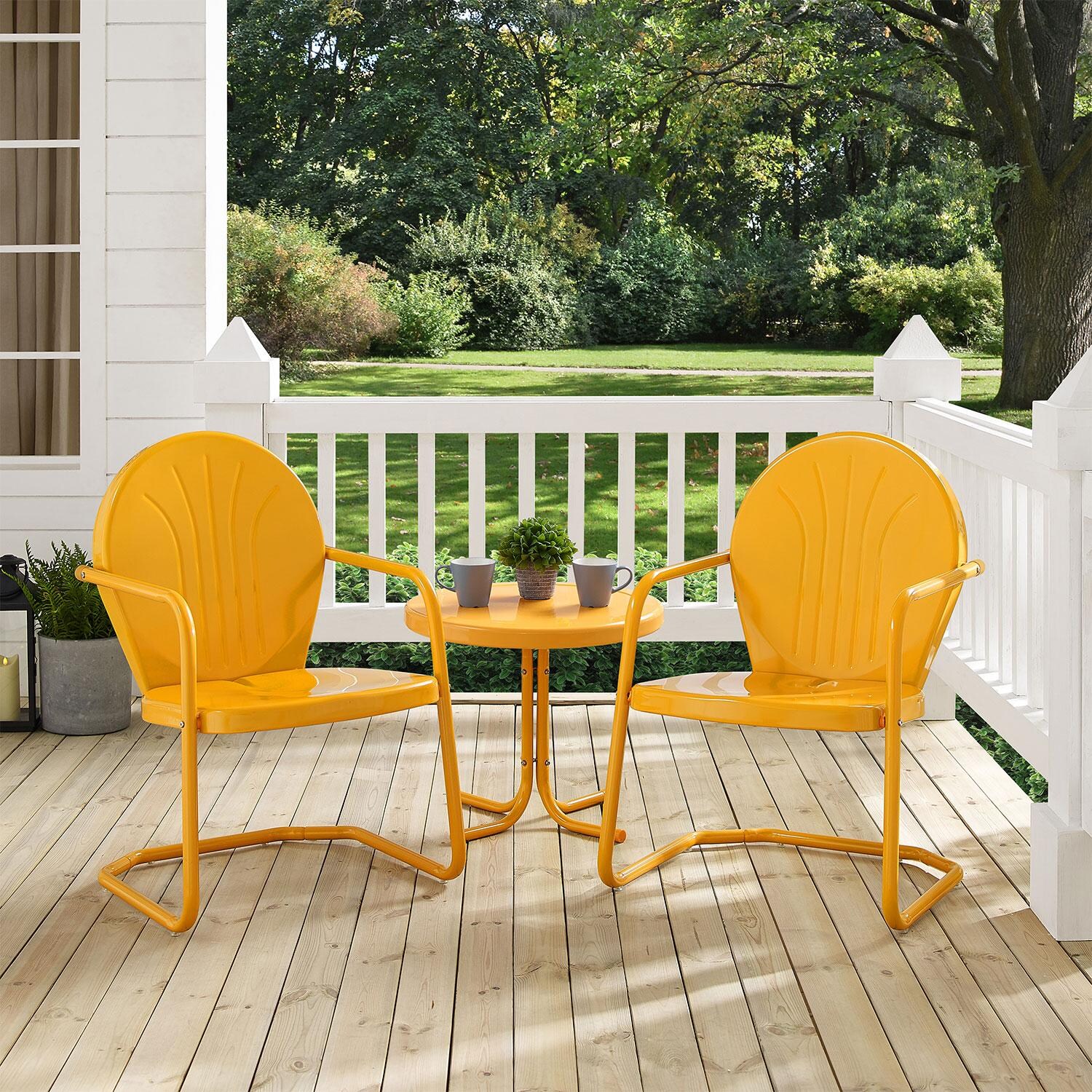Ultimate Patio UP-32237TG 3Pc Retro Outdoor Chair Set in Tangerine Gloss - Angled on Patio - Lifestyle thumbnail