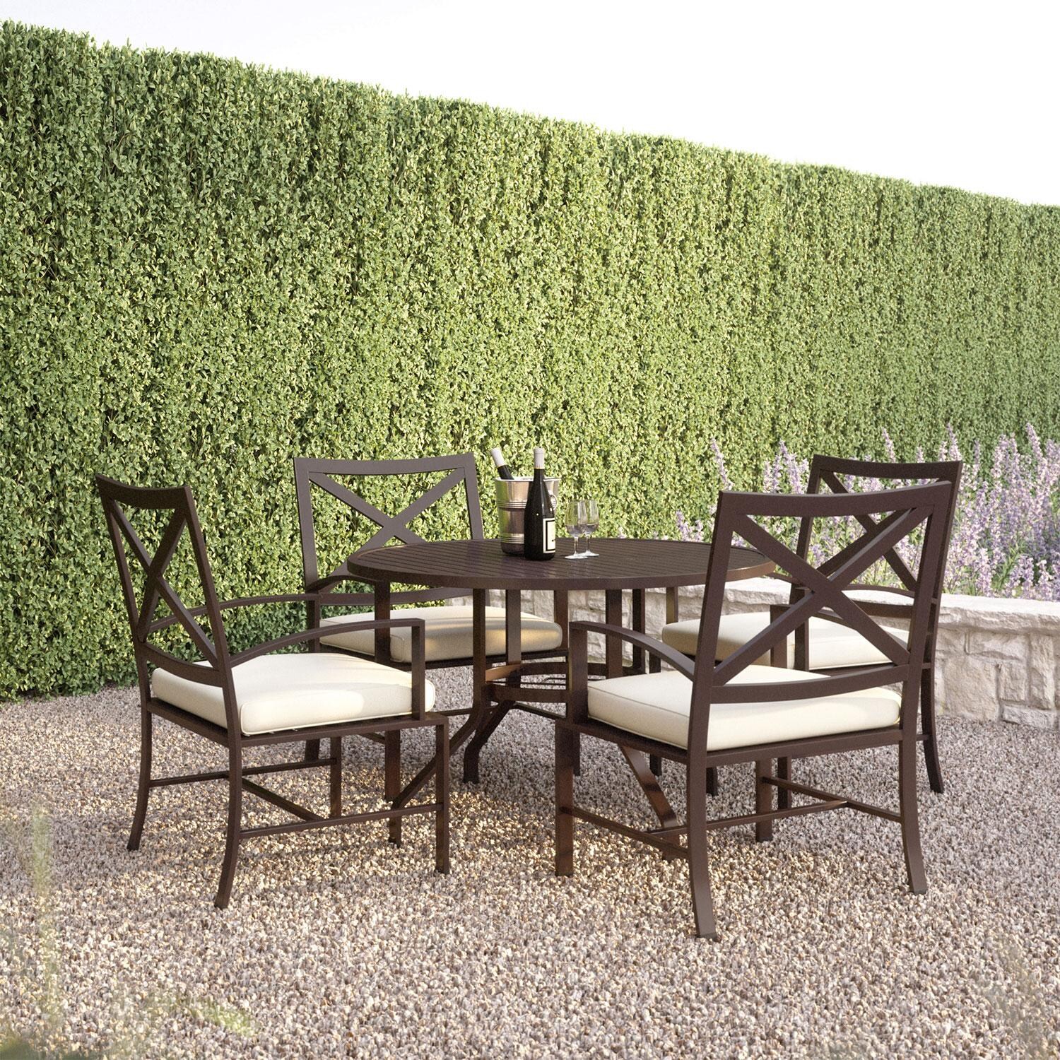 La Jolla Aluminum Patio Dining Arm Chair W/ Sunbrella Canvas Flax Cushion By Sunset West - Backyard - Shown W/ Set (Not Included as a Set) - Lifestyle thumbnail