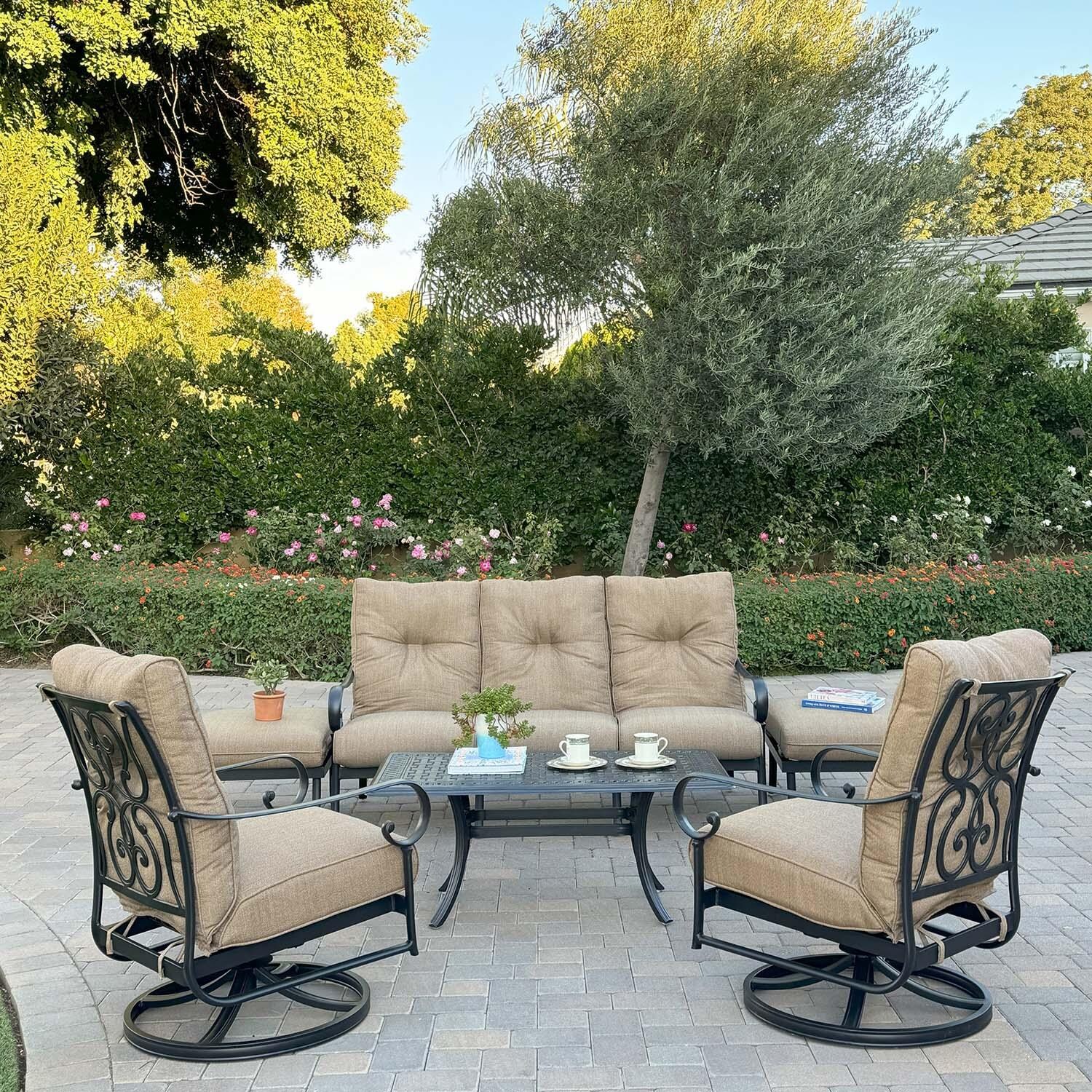 Santa Anita 6 Pc Cast Aluminum Seating Set w/ 48 X 26 Inch Series 88 Table & Swivel Rockers in Antique Bronze/Linen Sesame by Darlee