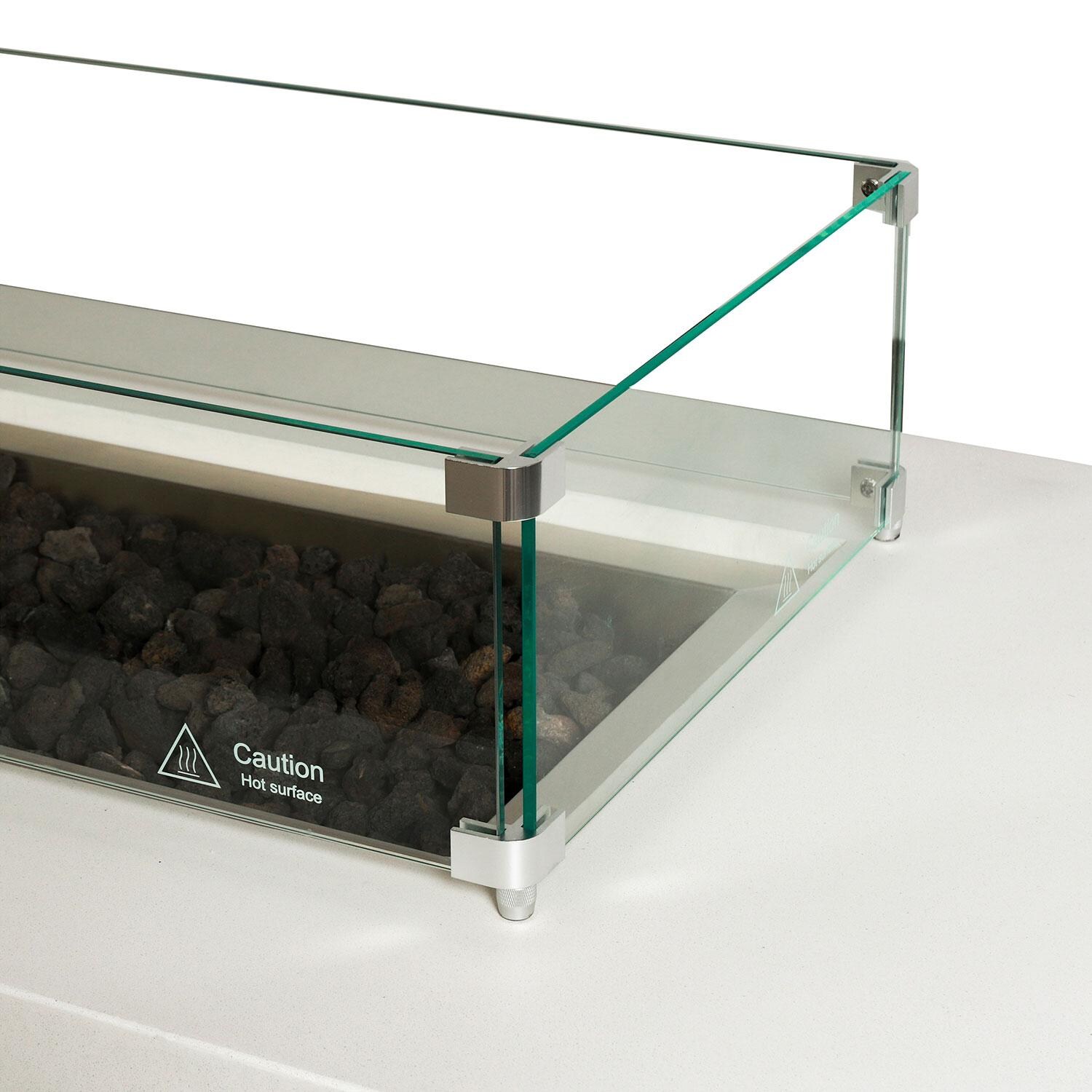 Glenwood 72-in Rectangular Concrete Propane Fire Pit in White w/ Hidden Propane Tank by Lakeview Outdoor Designs - Glass Wind Guard Corner - White Background thumbnail