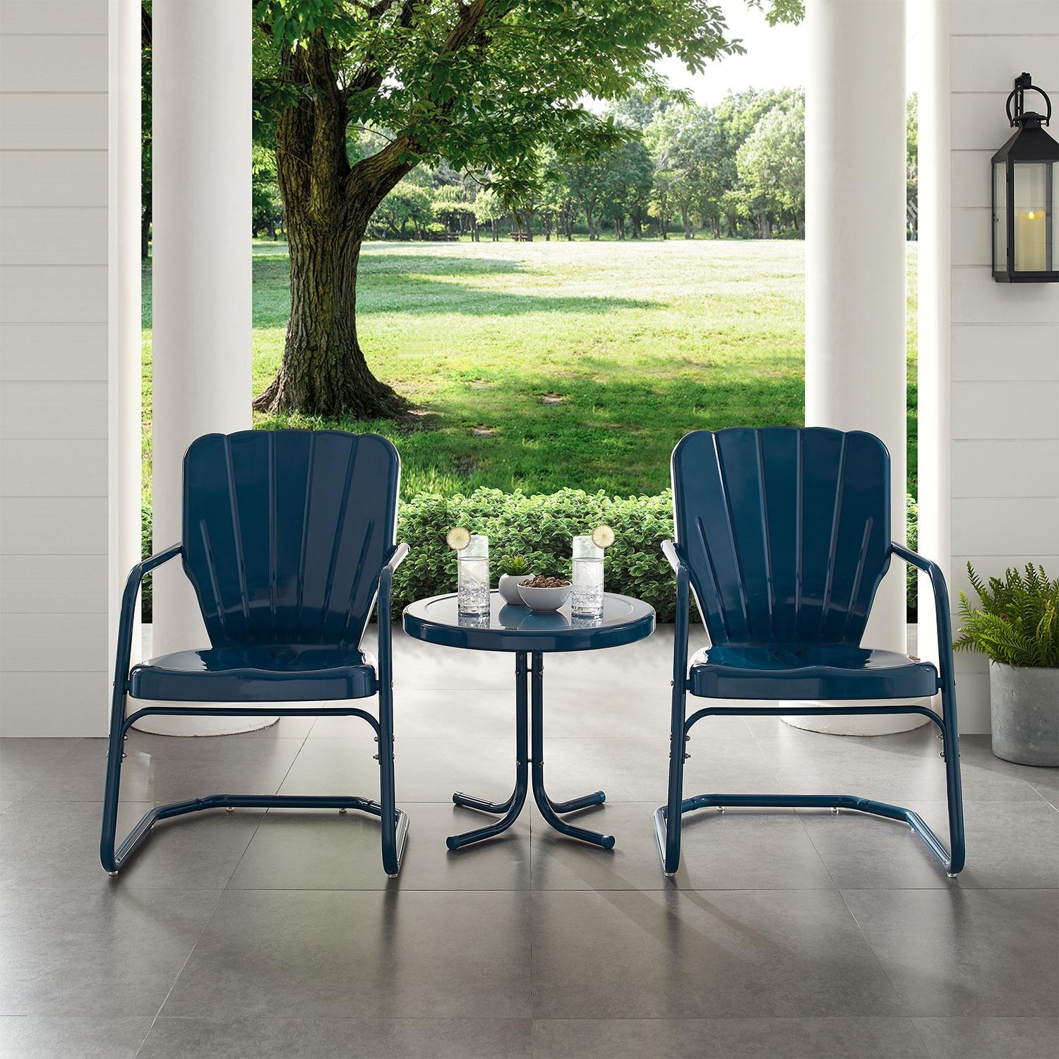 blue metal patio chairs