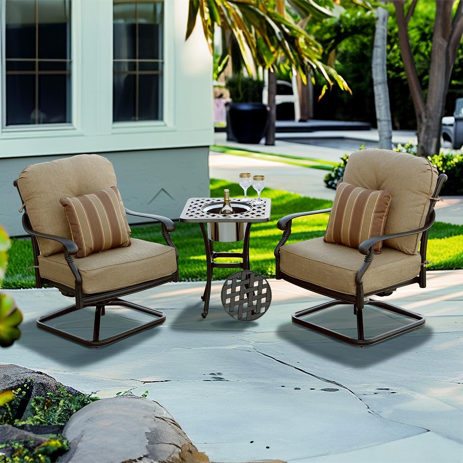 Darlee Santa Monica 3-Piece Patio Conversation Set with Cushions and 21 Inch Square Ice Bucket End Table - Set - Lifestyle thumbnail
