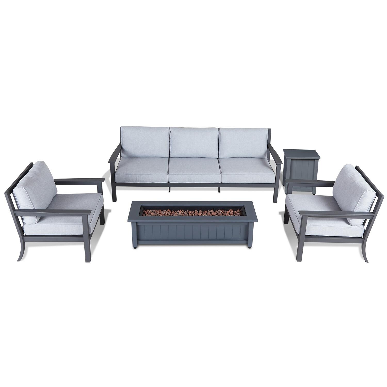 Lakeview Cabin Way 5-Piece Conversation Set W/ 50-Inch Propane Fire Pit, Sofa, Chairs & Tank Cover - Complete Set Top View thumbnail