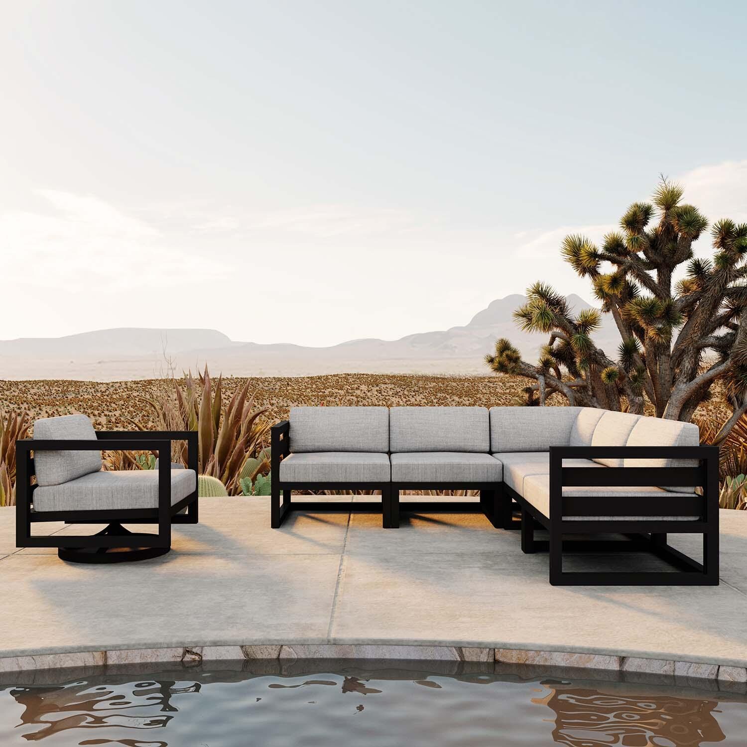 Misty Cove 6 Pc Aluminum Sectional Seating Set w/ Swivel Chairs in Black/Cast Silver by Lakeview Outdoor Designs - Front View - Lifestyle thumbnail