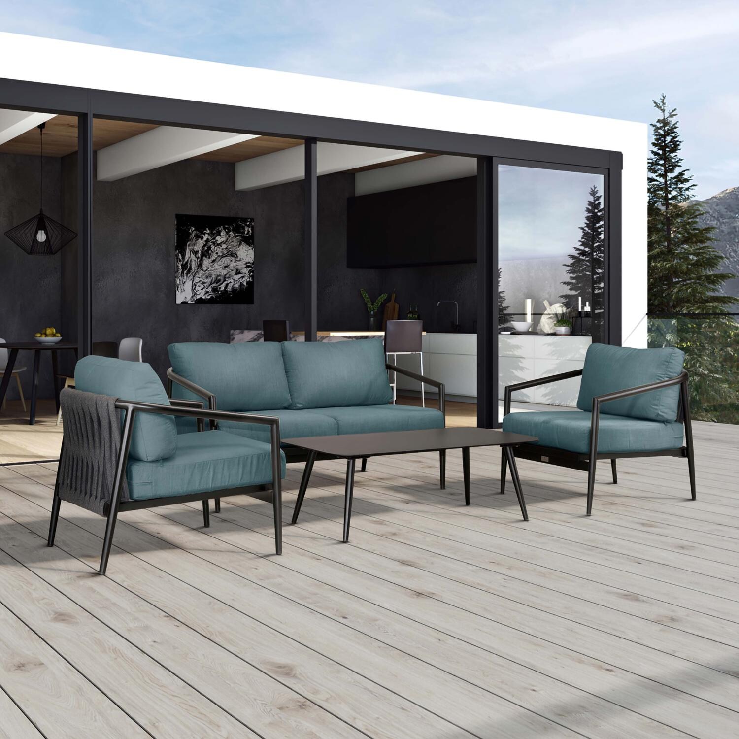 Lakeview Midnight Cove 4 Pc Aluminum Loveseat Seating Set in Black/Carbon/Cast Lagoon - Detail - Lifestyle thumbnail