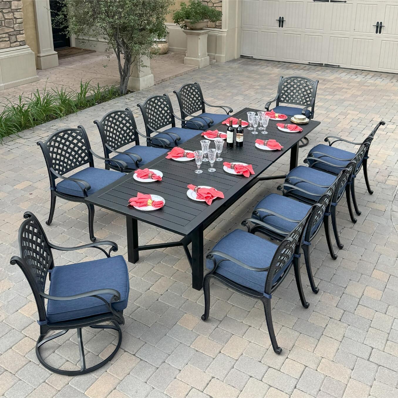 Darlee B/DL13-11PCDR-2350LE-N Nassau 11 Pc Cast Aluminum Dining Set w/ Rocker in Antique Bronze w/ Navy Cushions - Set - Lifestyle thumbnail