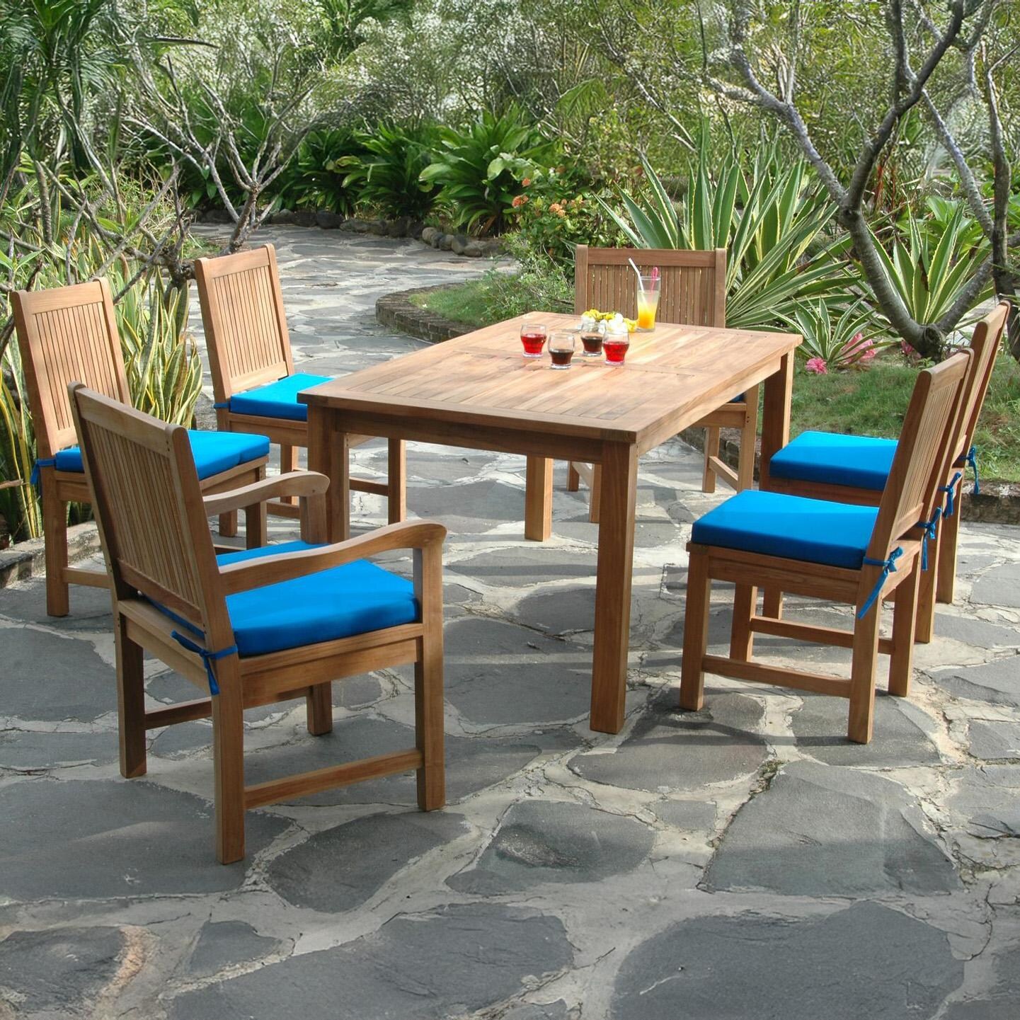 Morning Mist 7 Pc Teak Dining Set in Natural/Canvas Pacific Blue by Lakeview Outdoor Designs