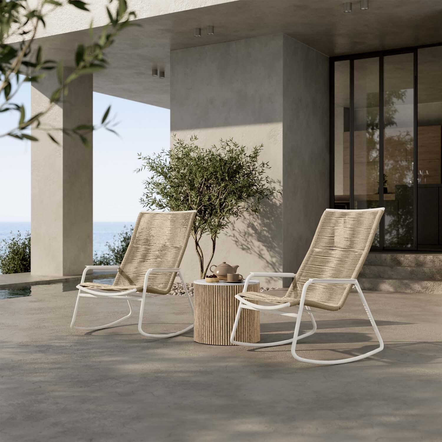 Cabana Wicker High Back Rocking Club Chair in Barley/Bone By Ebel - Shown w/ Set (Not Included) - Lifestyle thumbnail