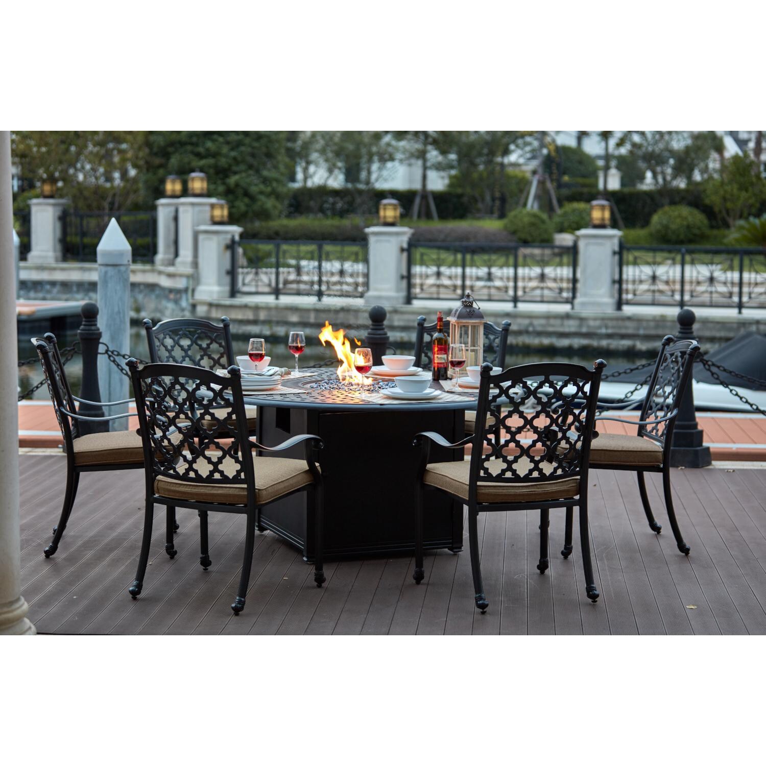 Darlee 201650-7PC-60GD Madison 5 Piece Cast Aluminum Patio Fire Pit Dining Set W/ 60 Inch Round Table - Lifestyle thumbnail