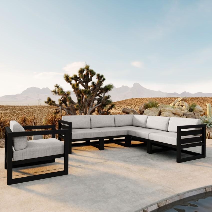 Lakeview Misty Cove 6 Pc Aluminum Sectional Set in Black w/Club Chair & Cast Silver Cushions by Lakeview Outdoor Designs - On the Patio - Lifestyle thumbnail