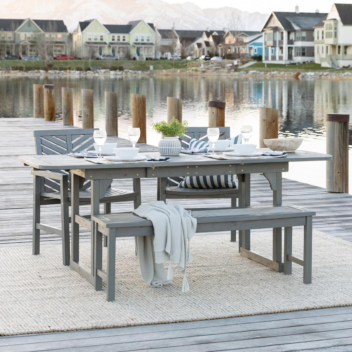 Wishlake 4 Pc Acacia Patio Dining Set w/ 55-79 X 35 Inch Extension Rectangular Table in Gray Wash by Ultimate Patio