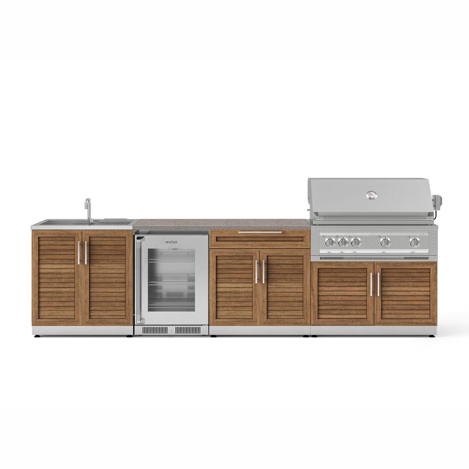 NewAge Products 72113 Classic Series 10 1/2 Ft Outdoor Kitchen Island w/ 40-in Natural Gas Grill, Sink, Glass Door Refrigerator, Trash Bin, Door & Drawer in Grove/Sage Gray - Island - White Background thumbnail