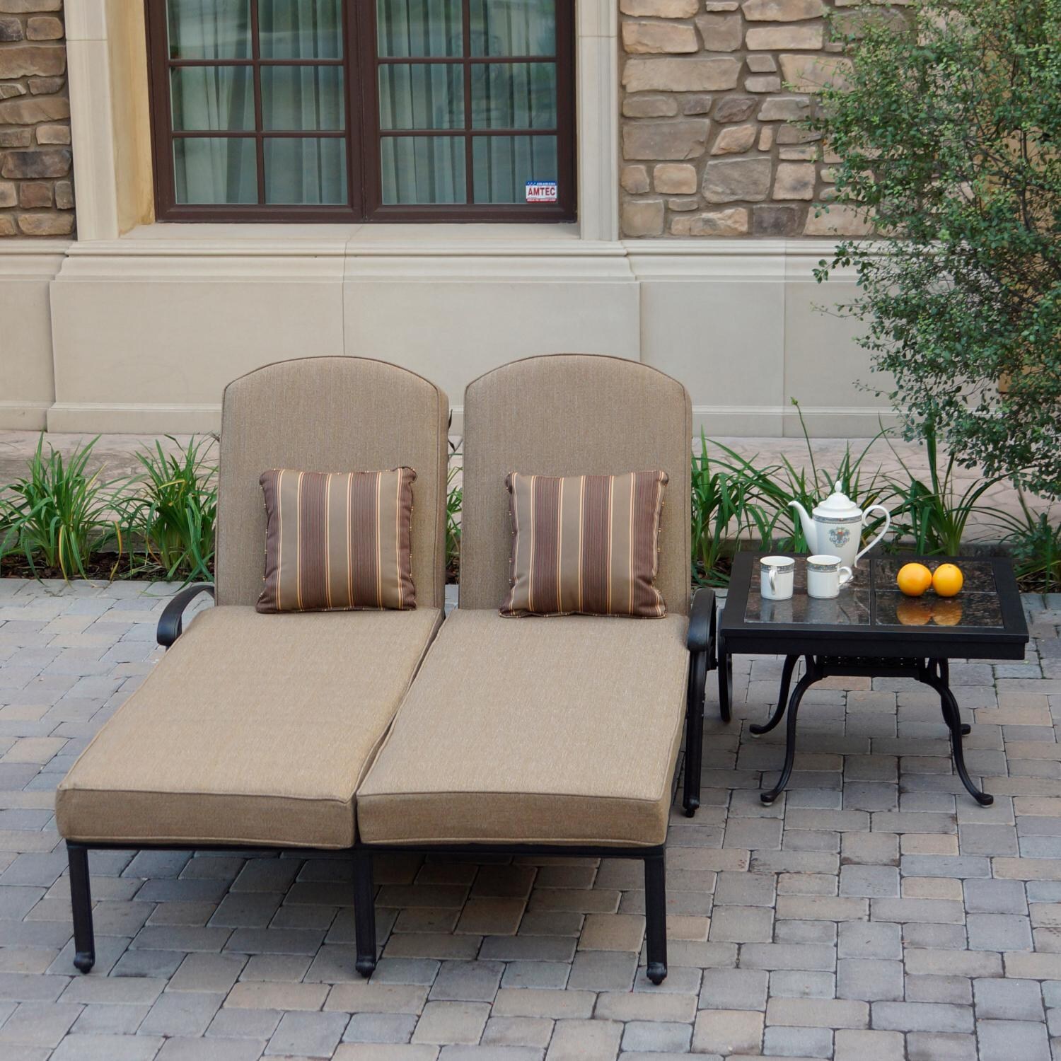Darlee Elisabeth 2 Piece Cast Aluminum Double Chaise Lounge W/ Mocha Granite Top End Table & Sesame Cushions image