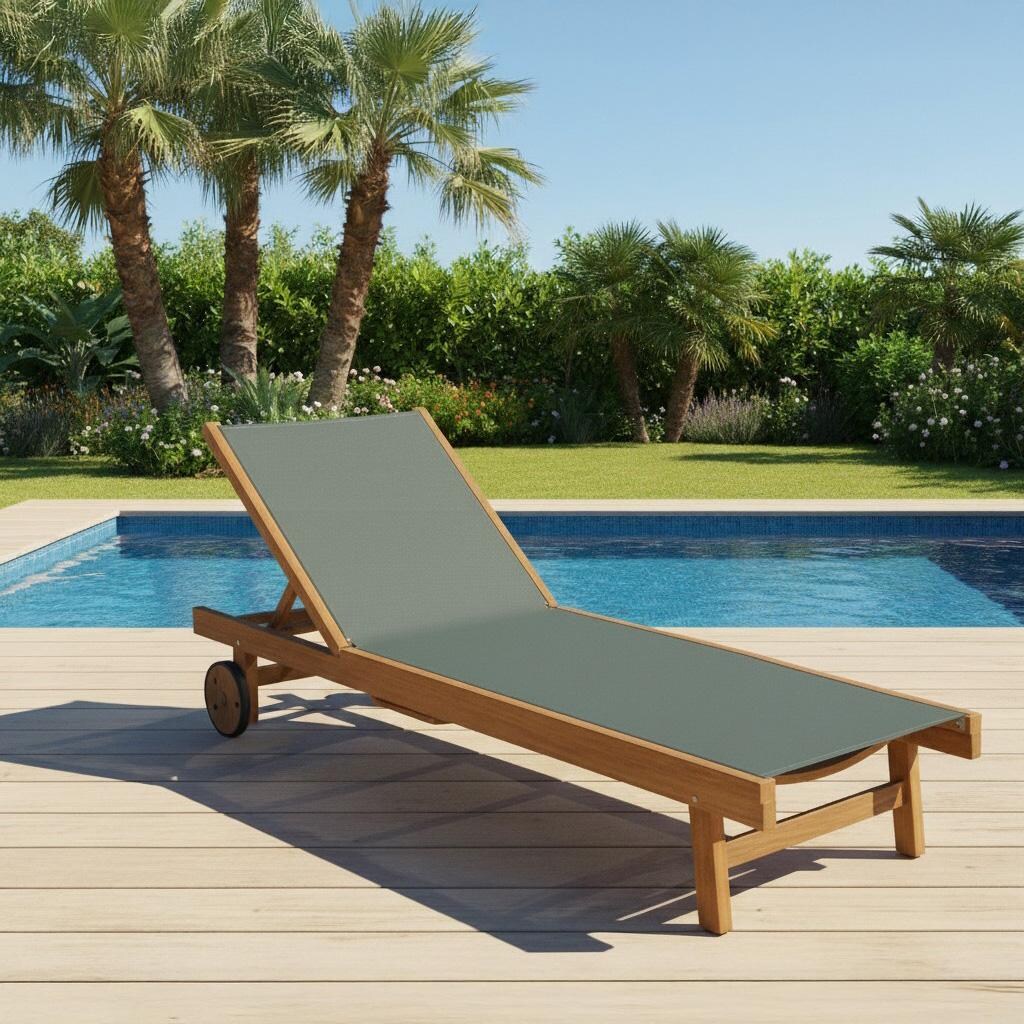 Royal Teak Collection Sundaze Teak Patio Chaise Lounge W/ Moss Sling - By the Pool - Lifestyle thumbnail