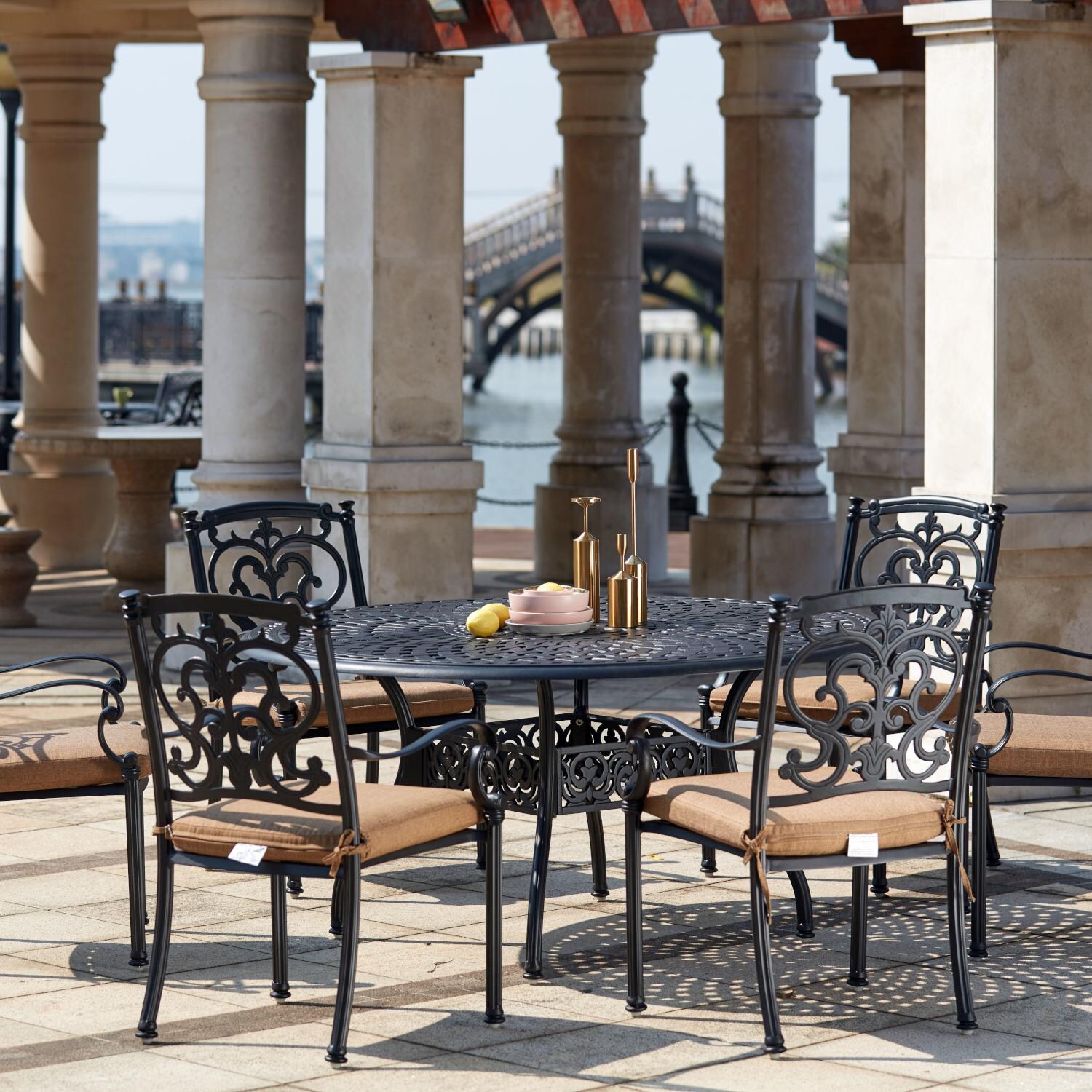 Darlee Santa Barbara 7 Piece Cast Aluminum Patio Dining Set W/ Round Table - Antique Bronze - Lifestyle thumbnail
