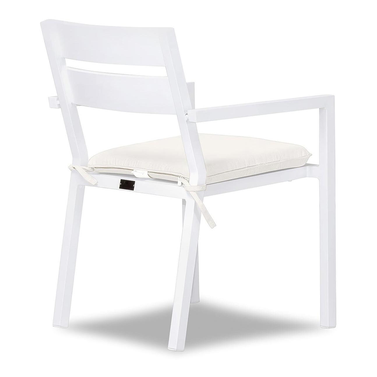 Calm Bay Aluminum Dining Arm Chair in White/Canvas Natural by Lakeview Outdoor Designs - Angle - White Background thumbnail
