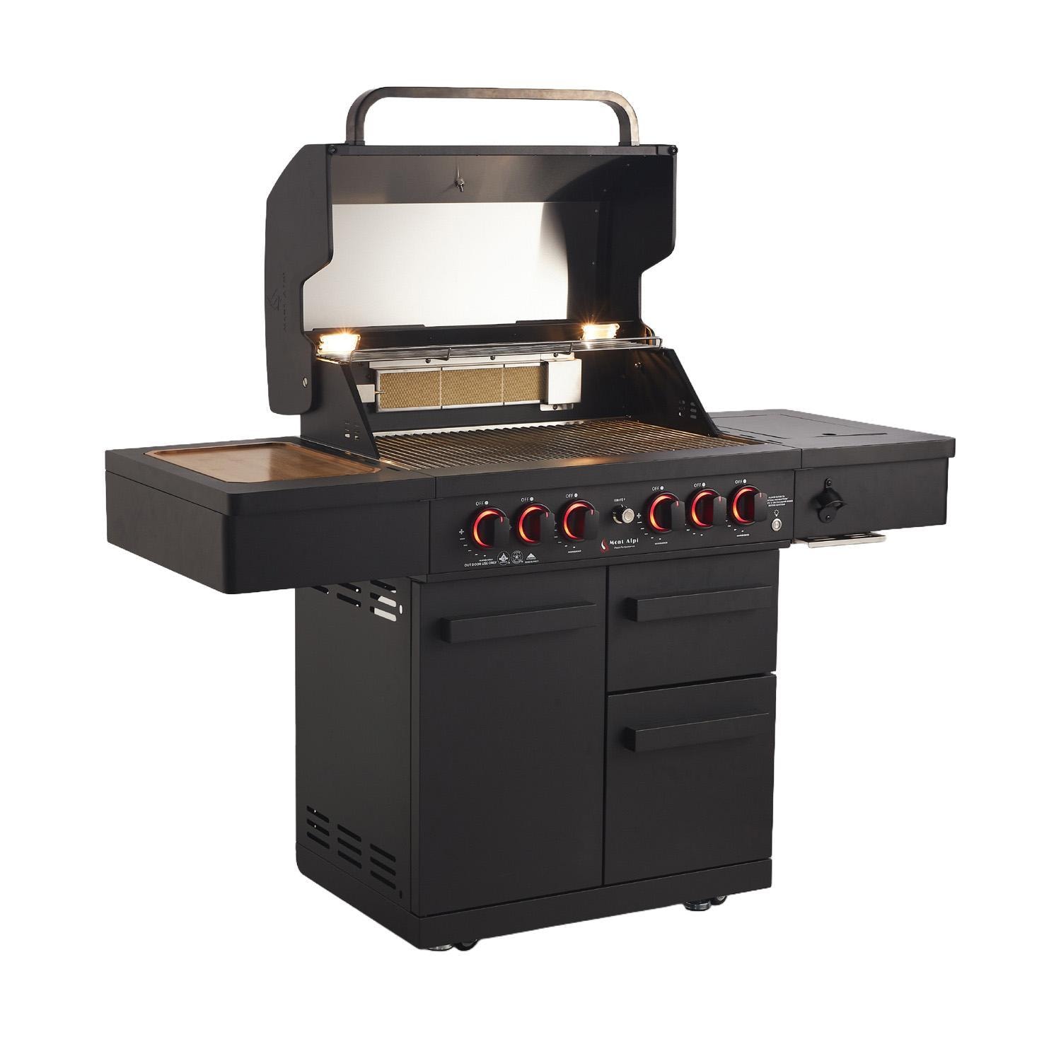 Mont Alpi MA-988 Performance Black Series 4 Burner Propane Grill - Open Hood - White Background thumbnail