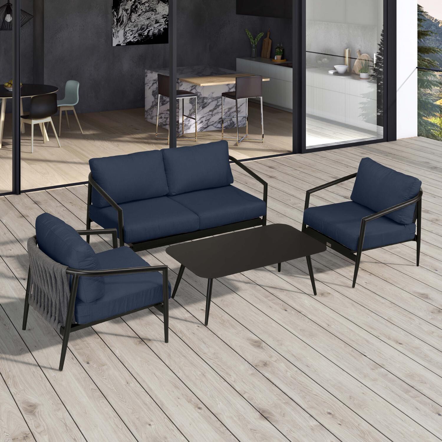 Lakeview Midnight Cove 4 Pc Aluminum Loveseat Seating Set in Black/Carbon/Spectrum Indigo - Top - Lifestyle thumbnail