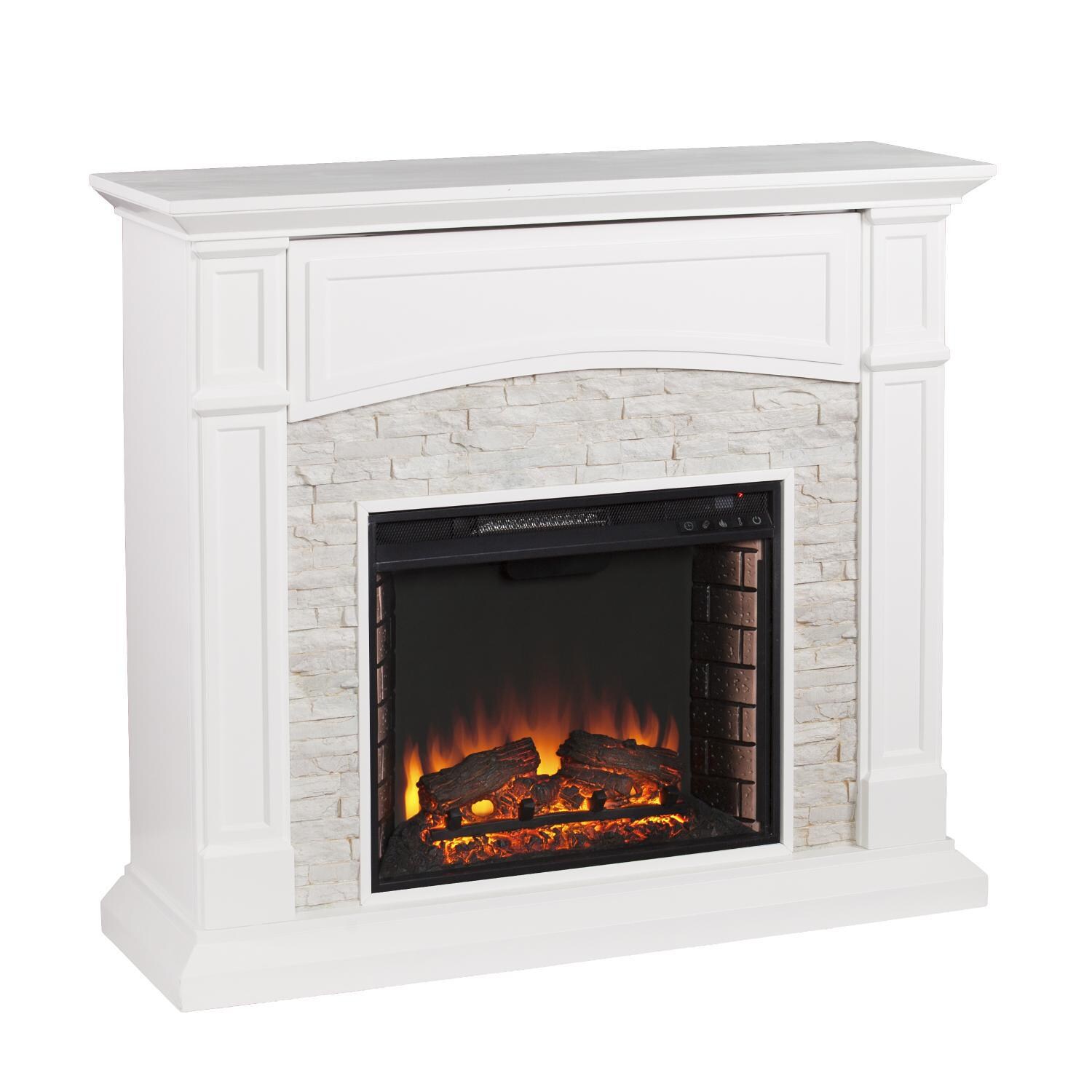 Southern Enterprises Seneca 45-Inch Electric Fireplace Mantel - Crisp White W/ Rustic White Faux Stone - FE9362 - Angled View thumbnail