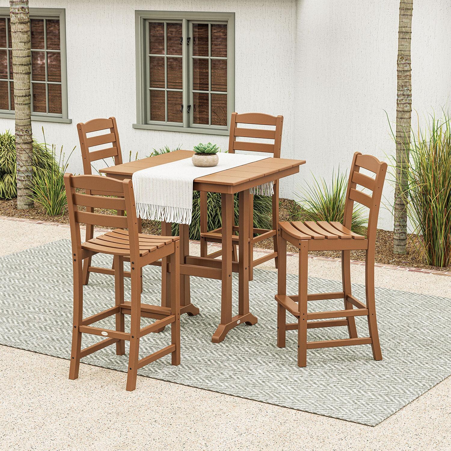 POLYWOOD La Casa Cafe Teak 5 Piece Farmhouse Trestle Bar Set thumbnail